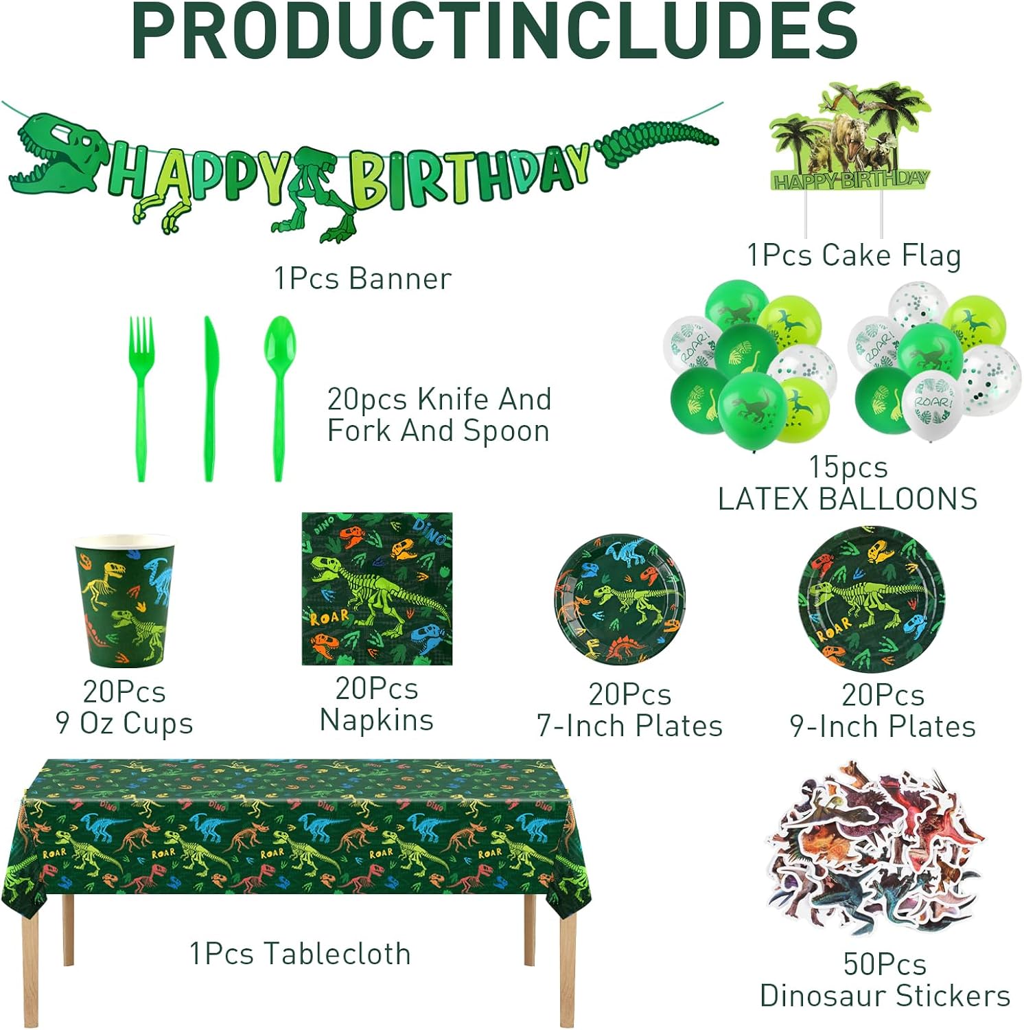 208pcs Dinosaur Birthday Party Decorations For Boys, Dinosaur Themes Birthday Party Supplies Serve 20 with Disposable Plates,Napkins,Cups,Cutlery Set, Banner,Tablecloth,Cake Topper,Ballons,Stickers - Image 3