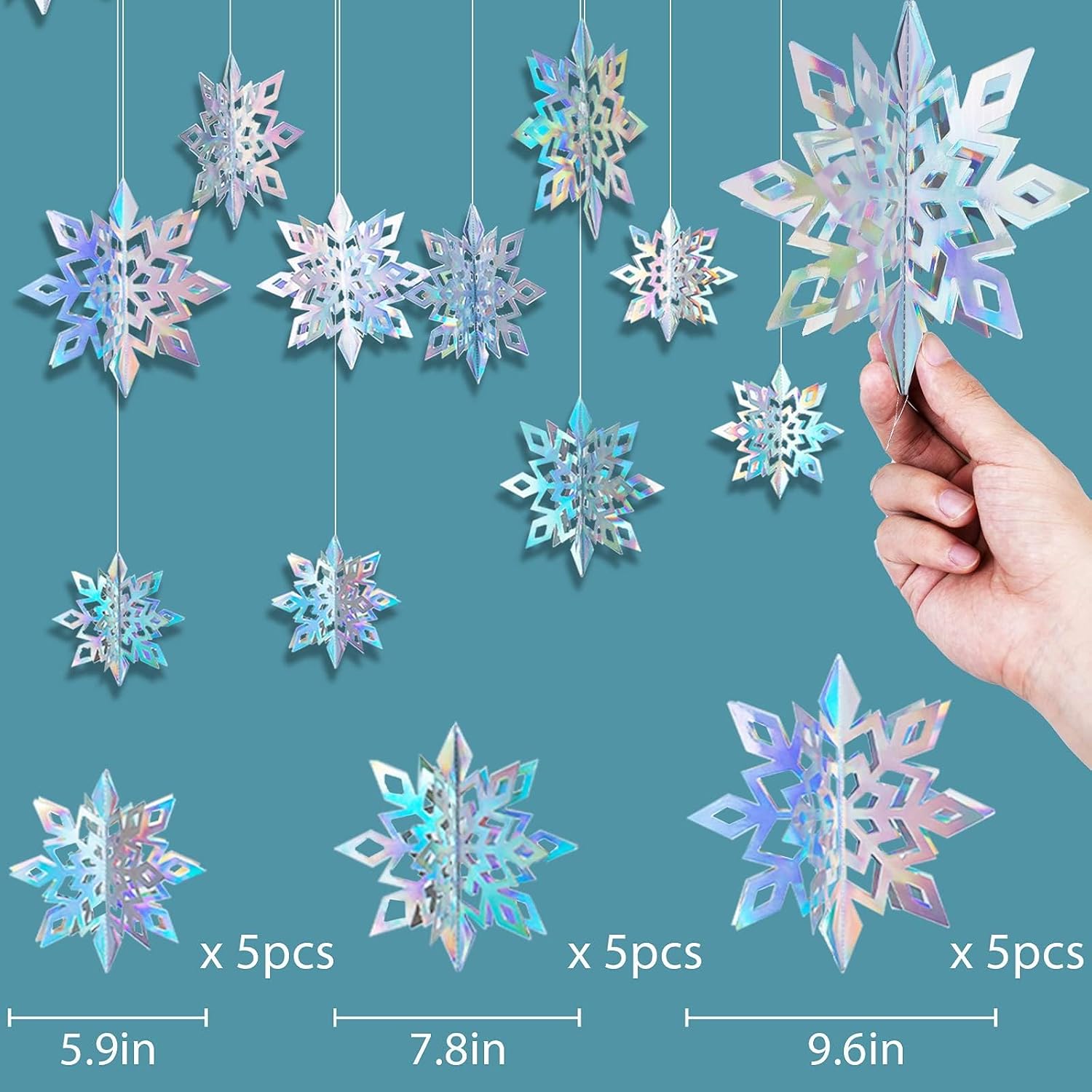 OuMuaMua Christmas Snowflake Decorations, 15pcs Xmas 3D Iridescent Snowflakes 3D Laser Paper Snow Flakes for Christmas Winter Wonderland Snow White Holiday Birthday Home Party Decor, Holographic - Image 3