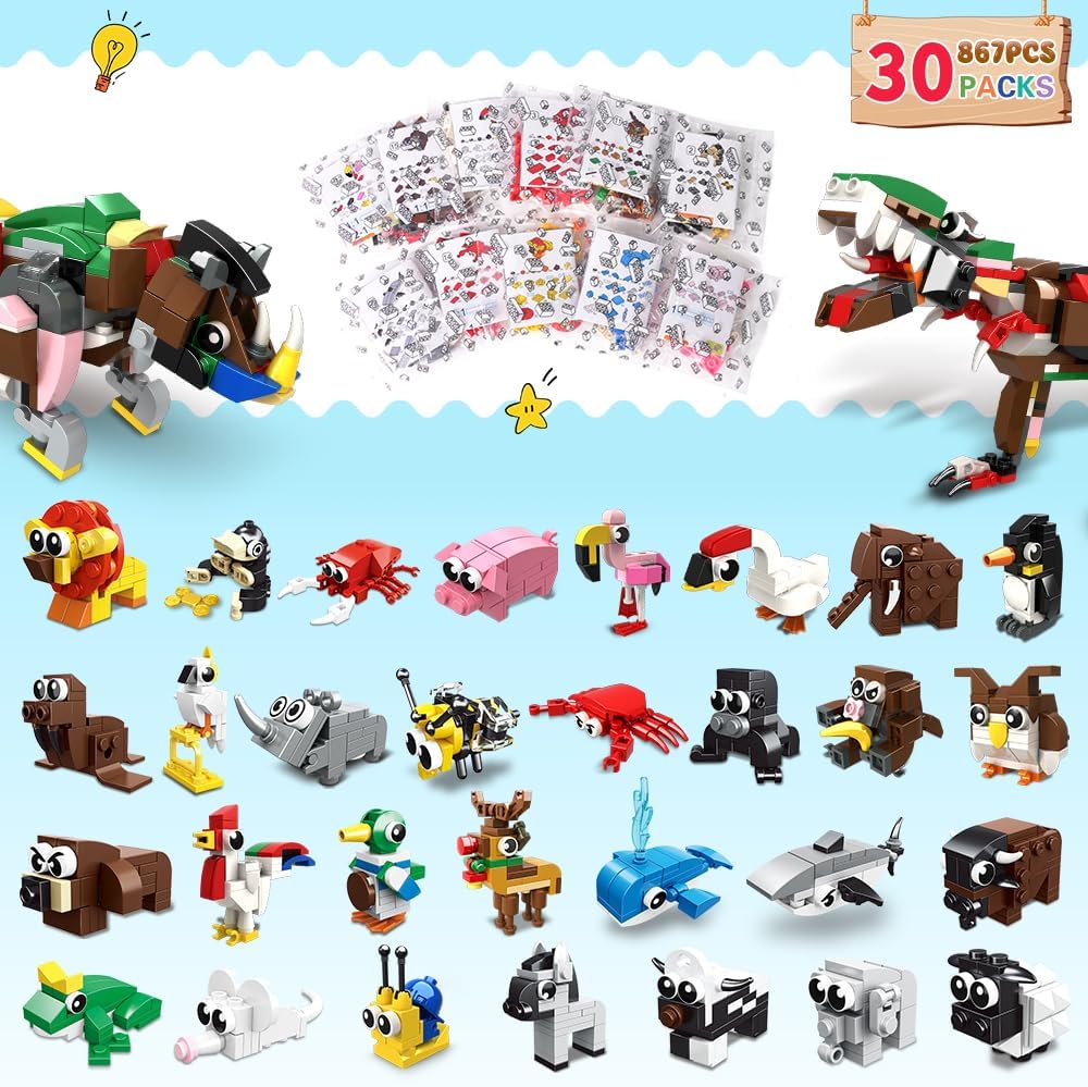 HOGOKIDS 30 Packs Party Favors for Kids - 867PCS Mini Animal Building Blocks Sets for Classroom Prizes Goodie Bag Fillers Valentines Easter Gift Exchange for Student Boys Girls Ages 6+ - Image 2