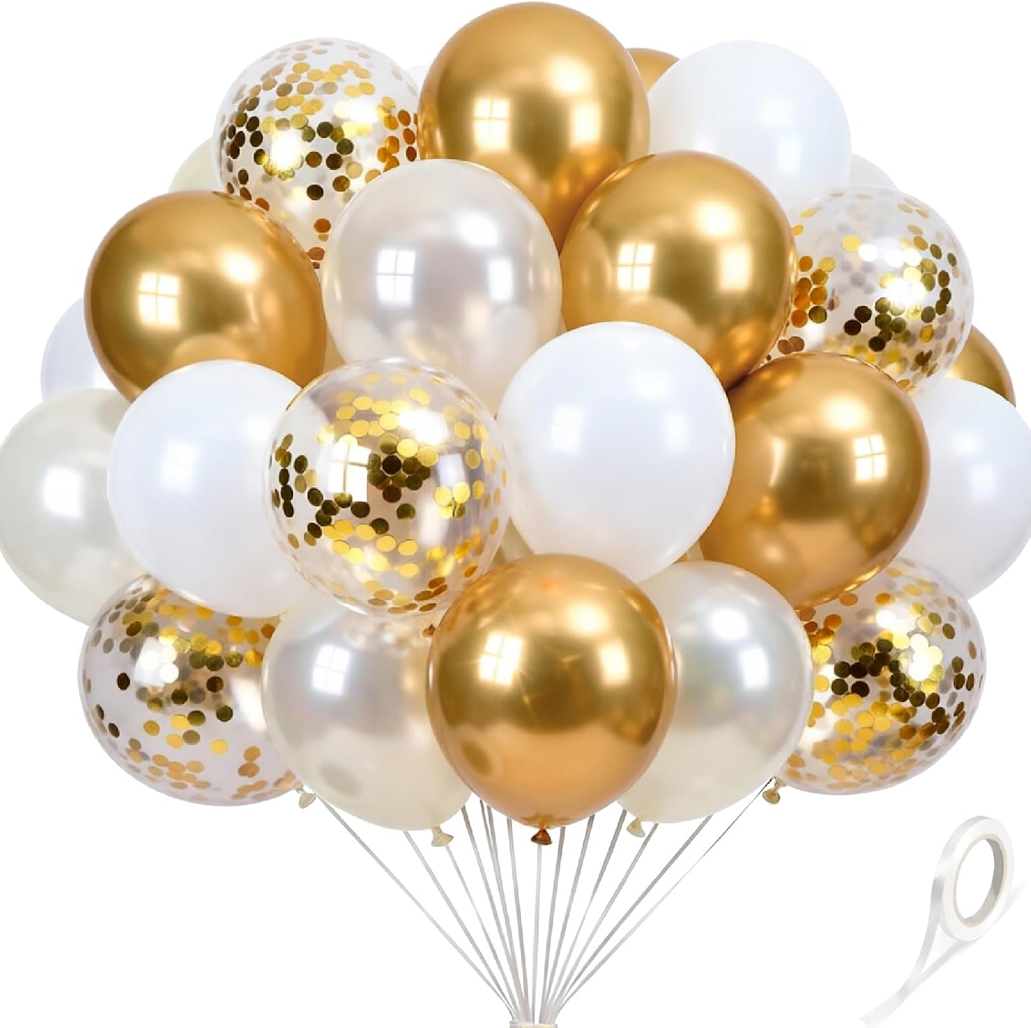 60Pcs 12 Inch White Gold Latex Balloons Kit - Pearl White, White, Metallic Gold Confetti Party Balloons with Ribbon for Wedding Shower, Anniversary, Baby Shower Decorations.
