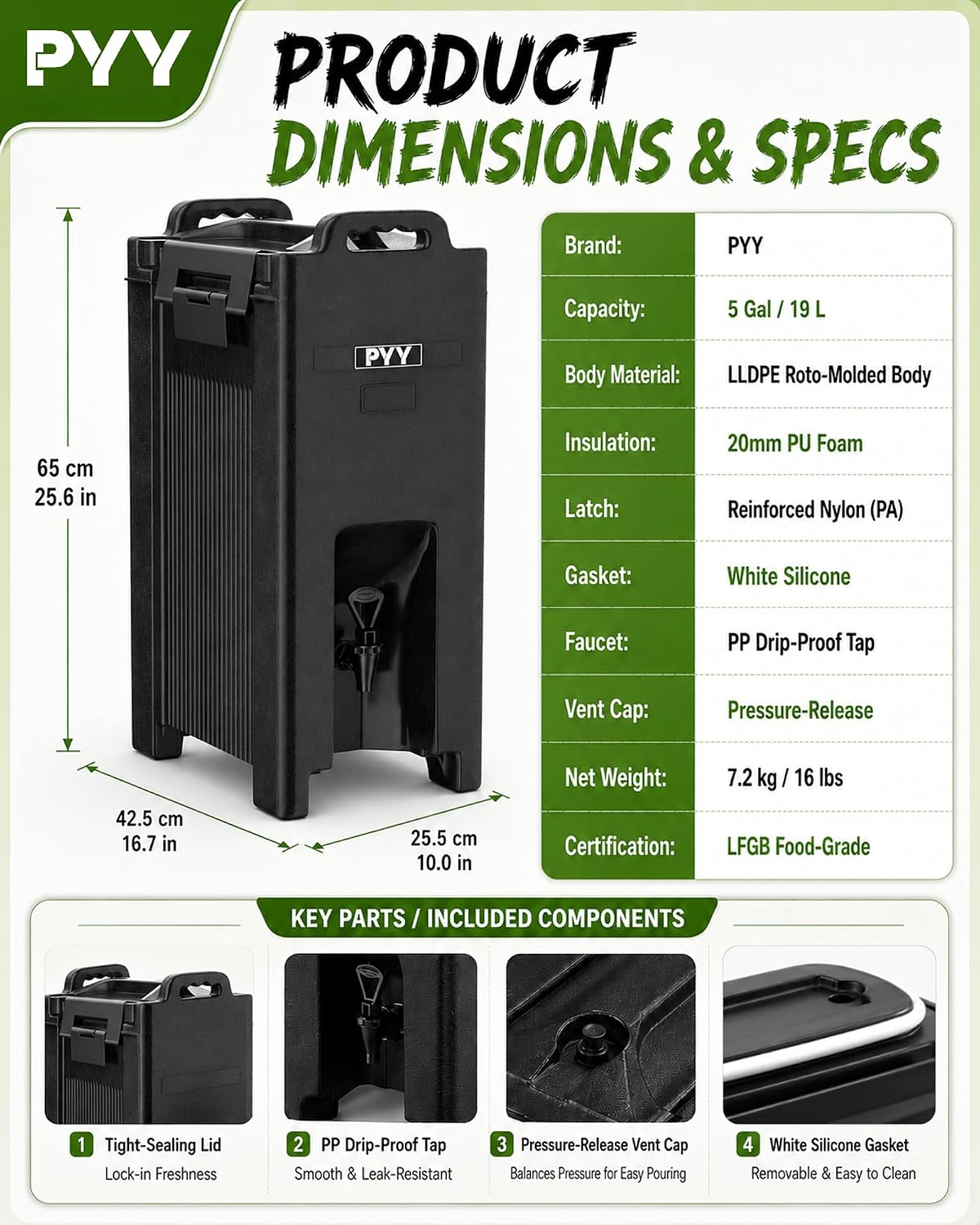 PYY Insulated Beverage Dispenser 5 Gallon - Hot and Cold Drink Container with Handles, Thermal Drink Dispenser Cooler Server carrier For Commercial Catering Black - Image 9