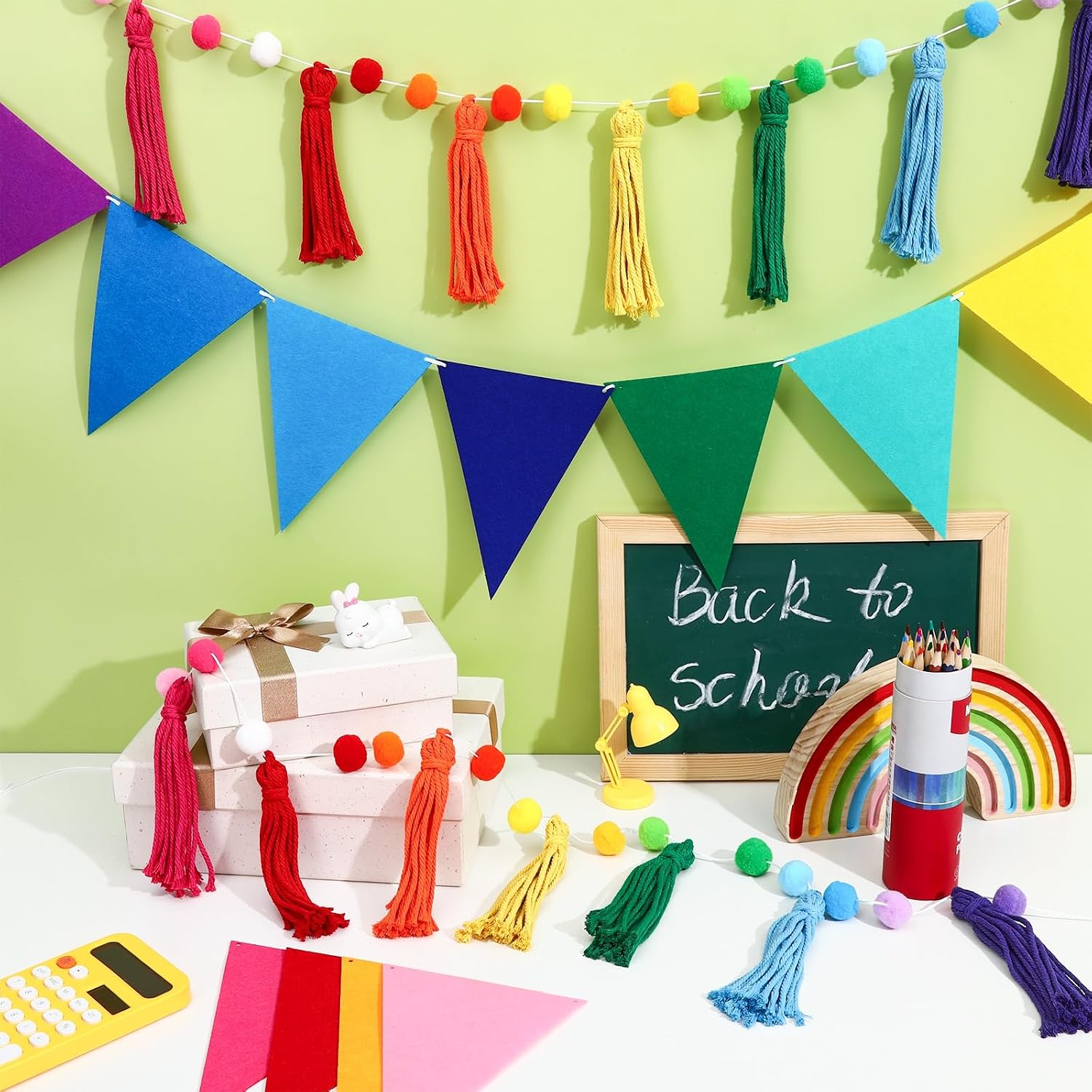 Jansun 4 Pack 26.3 Feet Rainbow Tassel Pom Pom Garland Decorations Felt Bunting Garland Banner Hanging Supplies for Back to School Decor Nursery Wall School Classroom Christmas Tree Birthday Party - Image 3