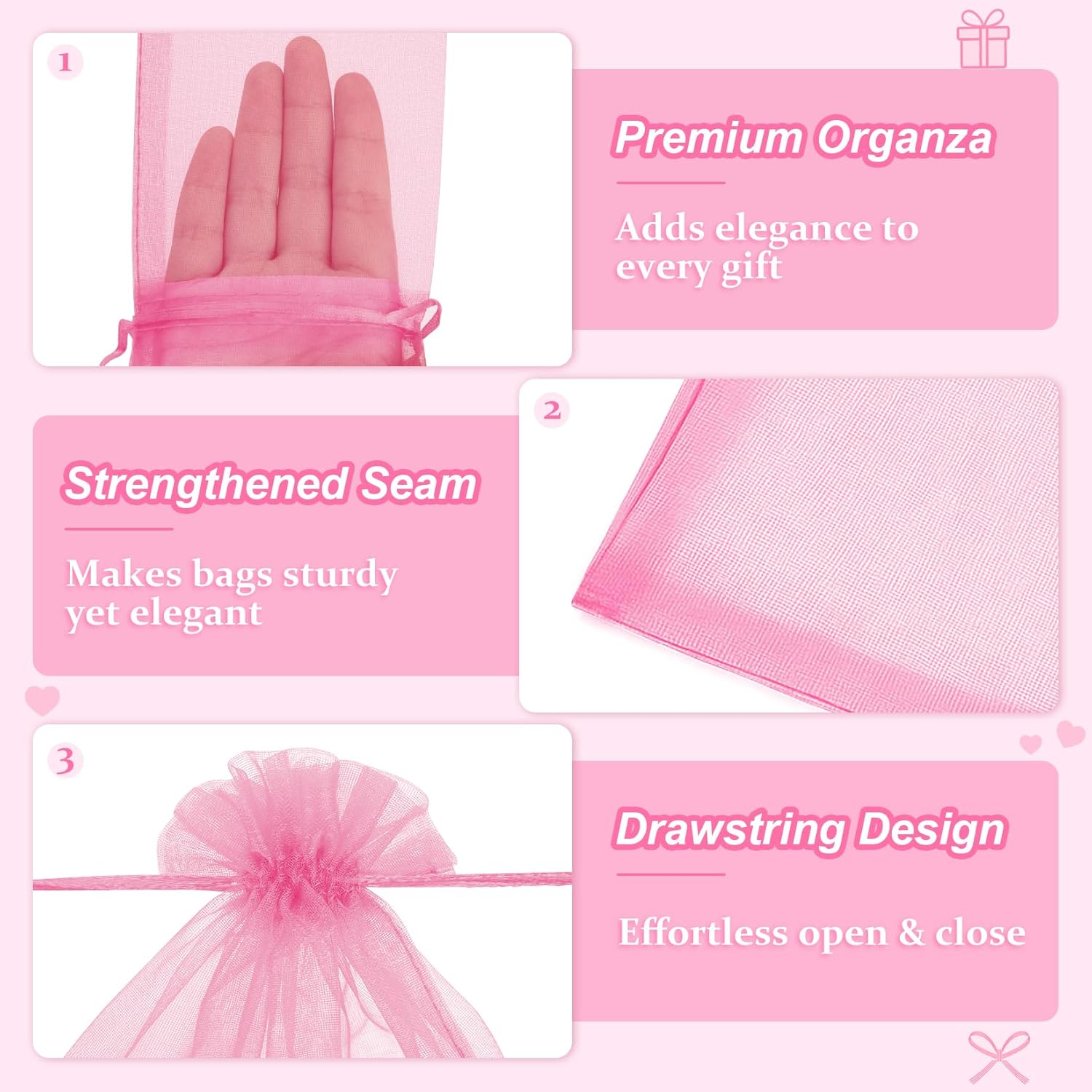 Crweety 50 Pcs Pink Organza Bags 3x4 In, Small Gift Bags Bulk for Jewelry Candy Soap Makeup Sachet, Cute Mini Mesh Goodie Bag Drawstring for Wedding Baby Shower Party Favors & Graduation Gifts - Image 4