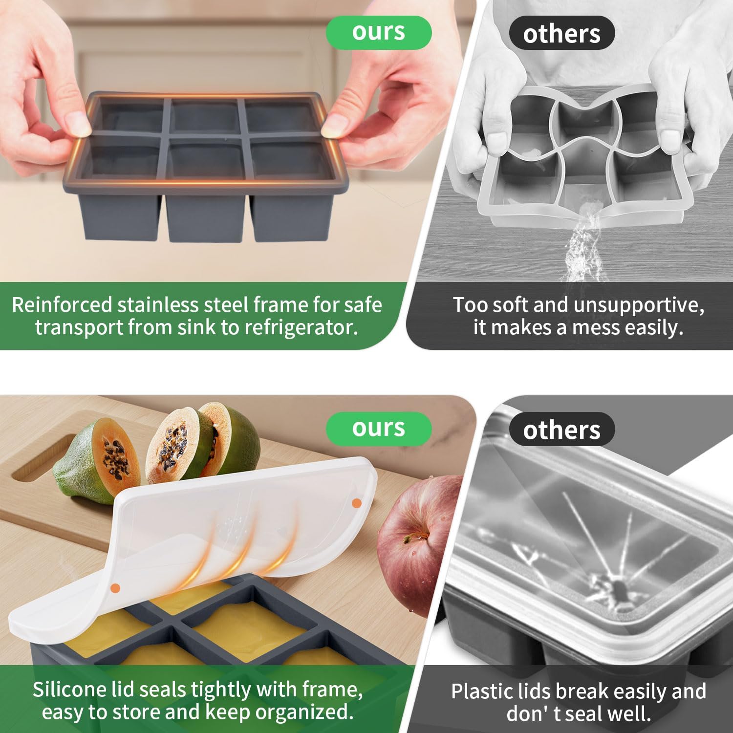 Large Ice Cube Tray for Whiskey: FDDBI Silicone Ice Cube Trays with Lid - 2Pack Big Square Old Fashioned Ice Cube Maker for Cocktail - 2inch Huge Cubed Ice Trays for Whisky - Image 3