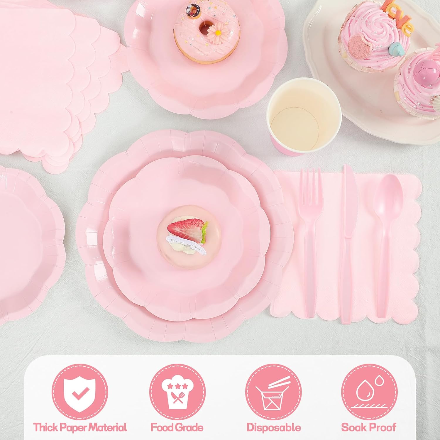 NatNarr 175 Pcs Pink Paper Plates and Napkins Set Include 9" Dinner Plates, 7" Dessert Plate Disposable Scalloped Tableware Serve 25 Guest for Wedding Baby Shower Bridal Shower Birthday - Image 4