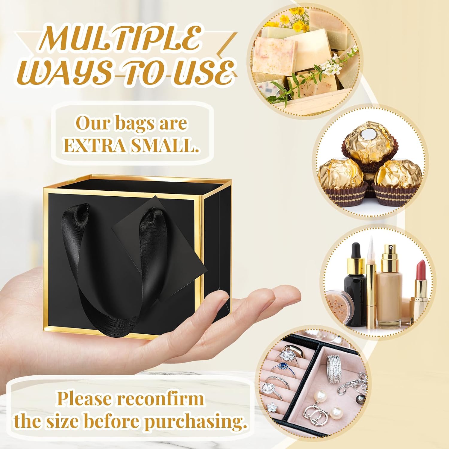 Yeaqee 50 Pcs Mini Metallic Paper Gift Bags with Handle 4.75x2.25x4'' Small Gift Bag DIY Tag Thank You Party Favor for Summer Wedding Baby Shower Birthday Back to School Jewelry (Black,Gold) - Image 3