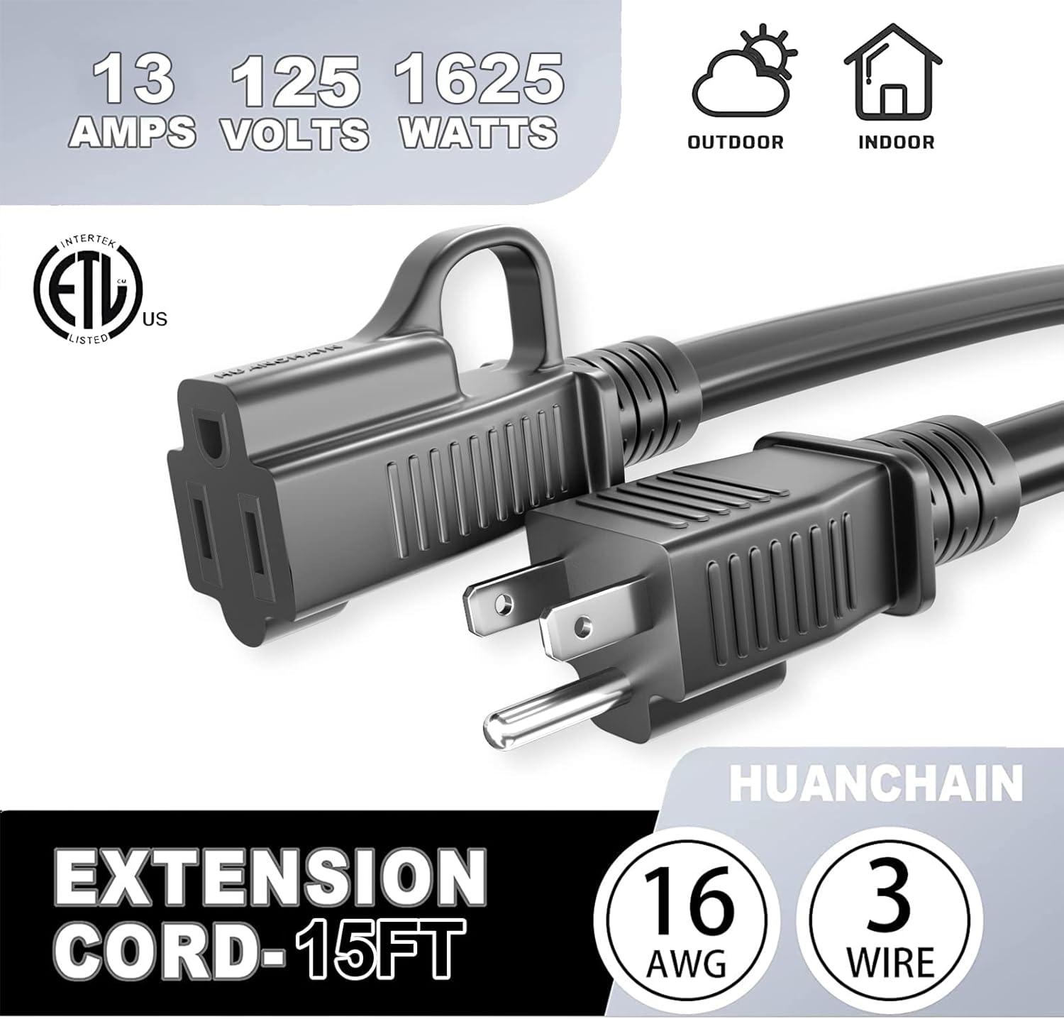 HUANCHAIN Indoor Outdoor Black Extension Cord 15 ft Waterproof, 16/3 Gauge Flexible Cold-Resistant Appliance Extension Cable Outside, 13A 1625W 16AWG SJTW, 3 Prong Electric Cord, ETL - Image 7