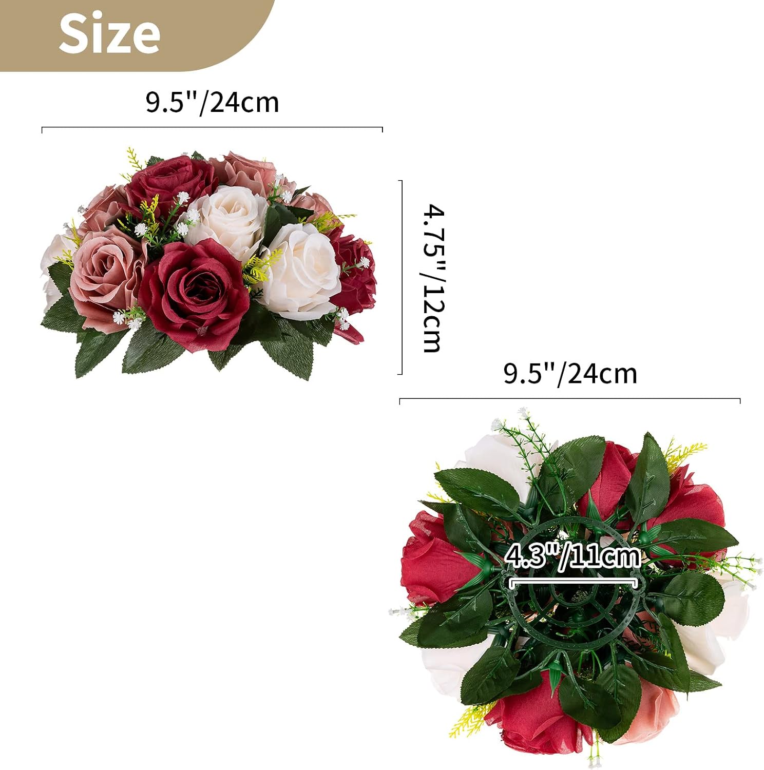 NUPTIO Artificial Flower Centrepieces for Tables - 2 Pcs Burgundy & Dusty Rose & Creamy White Fake Flowers Roses Balls 9.5in Diameter - Silk Faux Rose Arrangement for Wedding Party Table Decor - Image 5