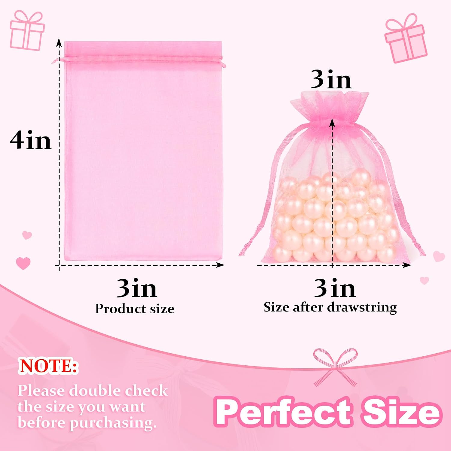 Crweety 50 Pcs Pink Organza Bags 3x4 In, Small Gift Bags Bulk for Jewelry Candy Soap Makeup Sachet, Cute Mini Mesh Goodie Bag Drawstring for Wedding Baby Shower Party Favors & Graduation Gifts - Image 2