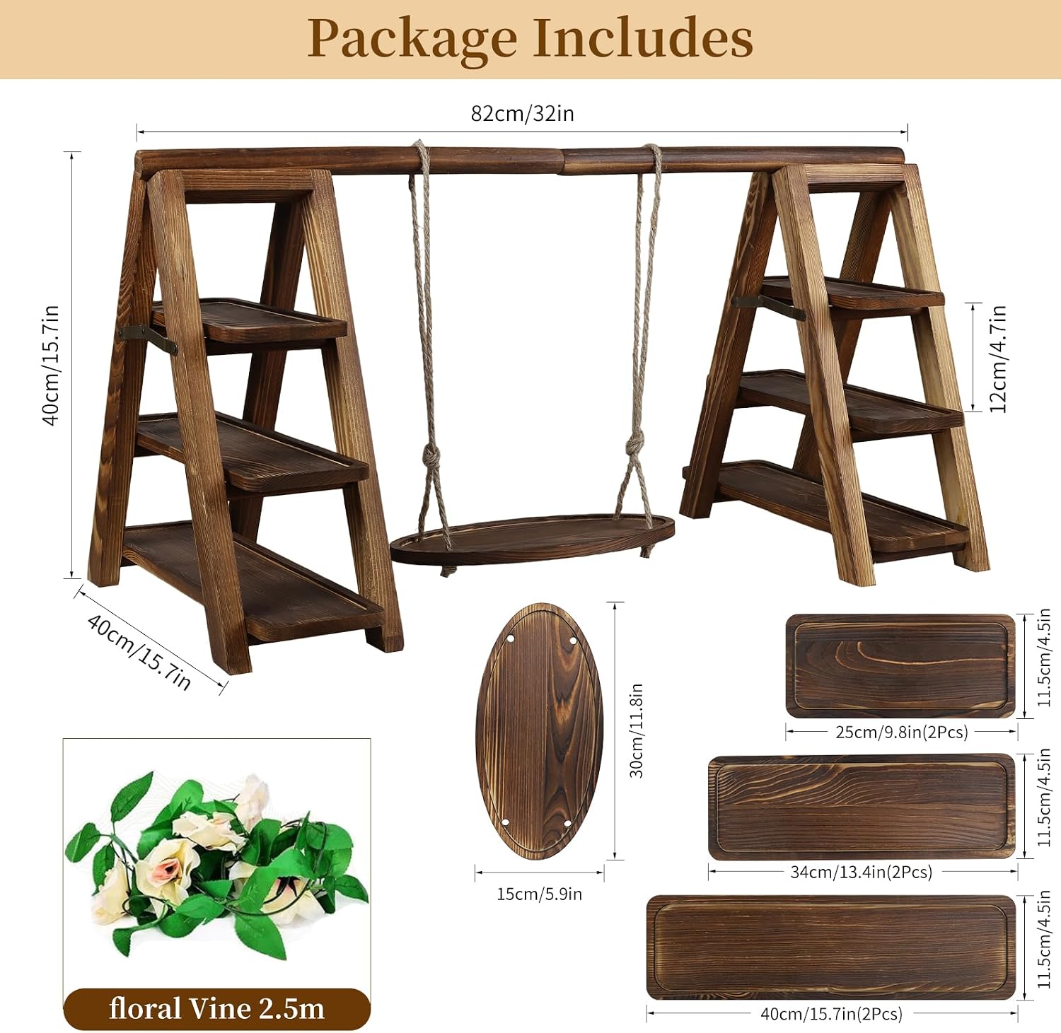 Large Wooden 3 Tier Swing Cupcake Stand with Flower Decor, Removable Trays, Foldable Ladder Display for Cake, Snacks, Fruit, Bread, Party & Catering Centerpieces - Image 2