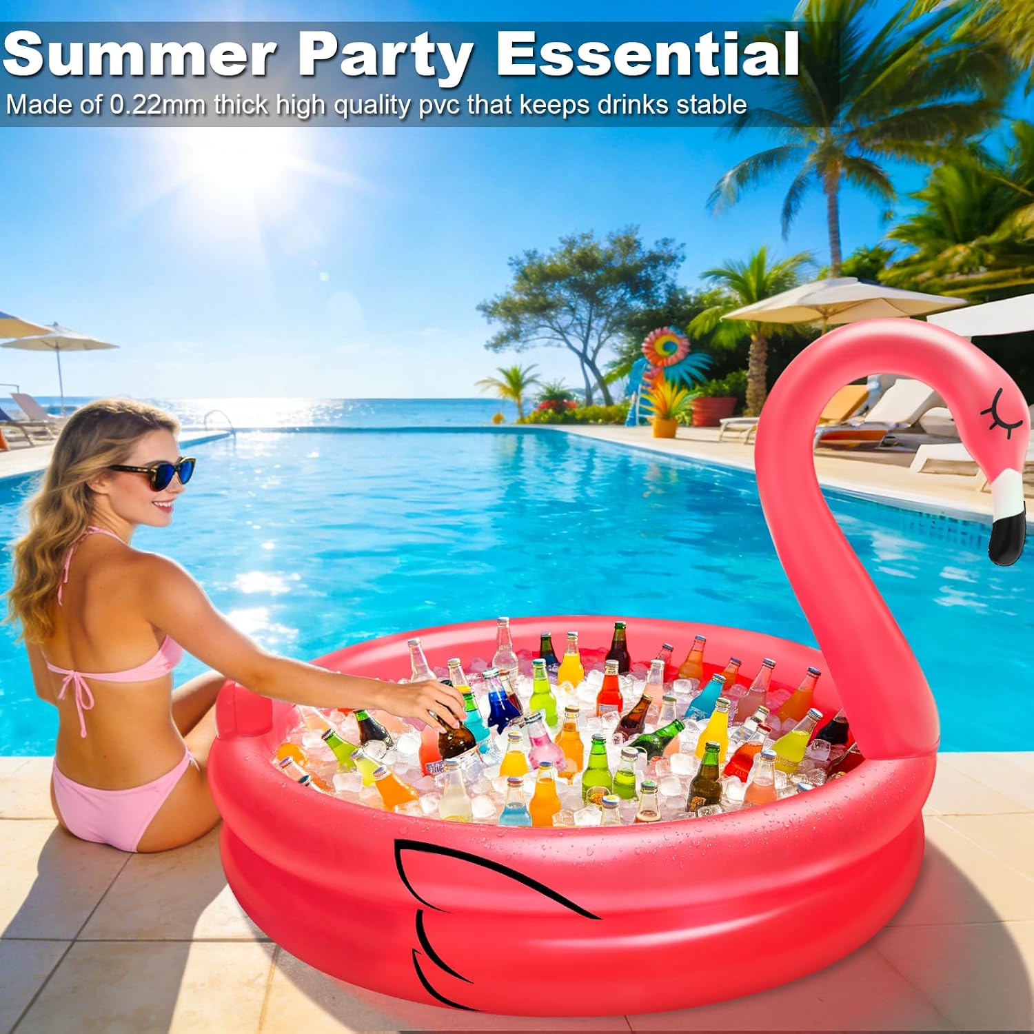 Inflatable Flamingo Cooler 130+ Cans Large Capacity, Bottom Quick-Drain, Luau Party Decor, Flamingo Pool Party Decorations, Beach Hawaiian Birthday Party Supplies Tropical Themed Summer Drink Cooler - Image 8