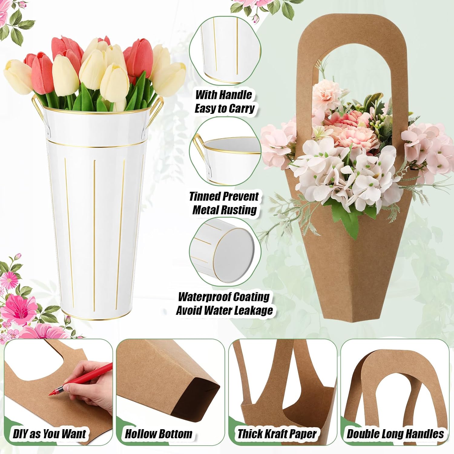 LemonRoad 56 Pcs Flower Bar Buckets Set Kit 6 Pcs Galvanized Bucket Bar 50 Packs Paper Gift Bags for Wedding, Bridal Shower, Graduation Birthday Table Centerpiece(Handheld,Galvanized Iron,11.8 Inch) - Image 3