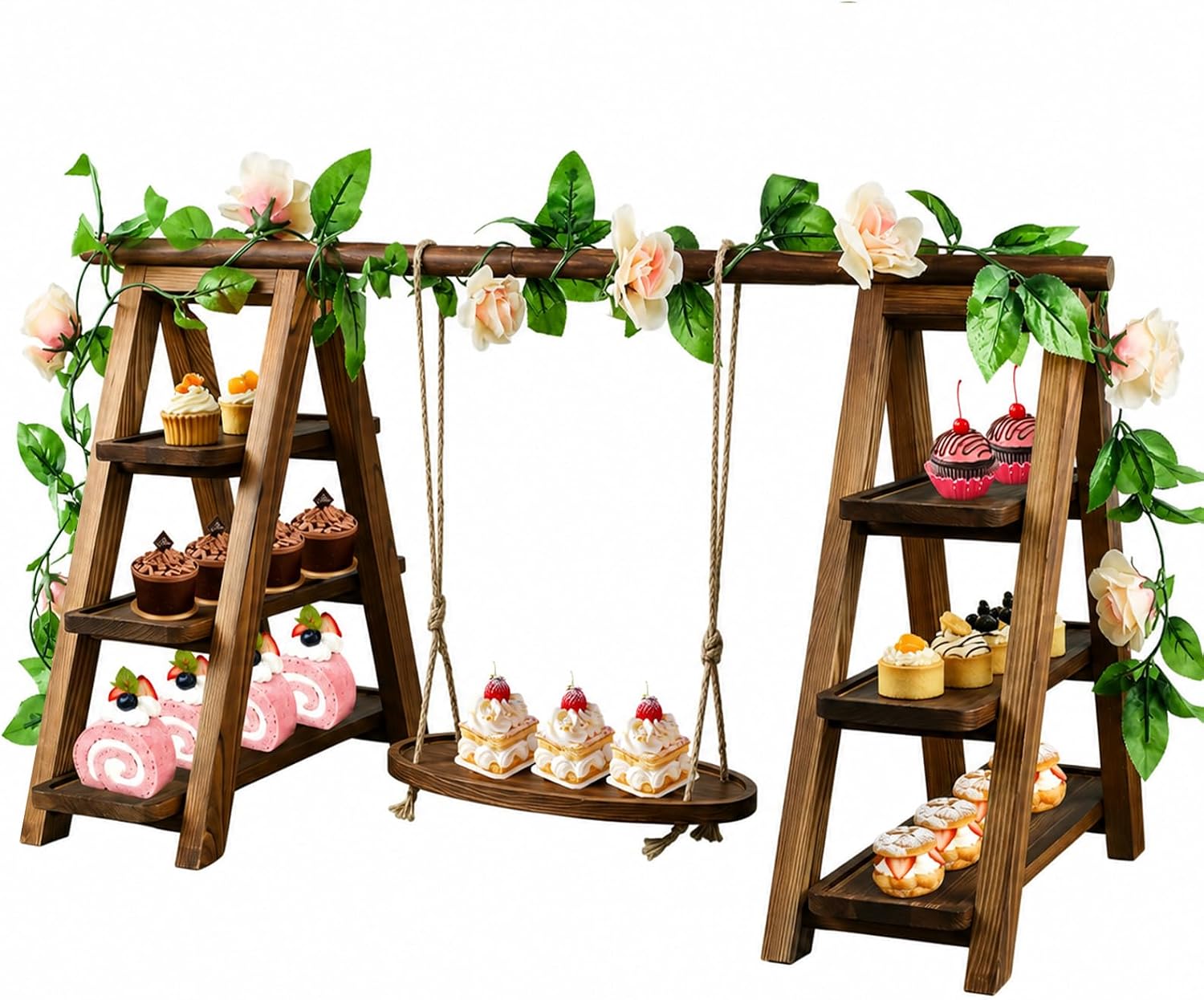 Large Wooden 3 Tier Swing Cupcake Stand with Flower Decor, Removable Trays, Foldable Ladder Display for Cake, Snacks, Fruit, Bread, Party & Catering Centerpieces