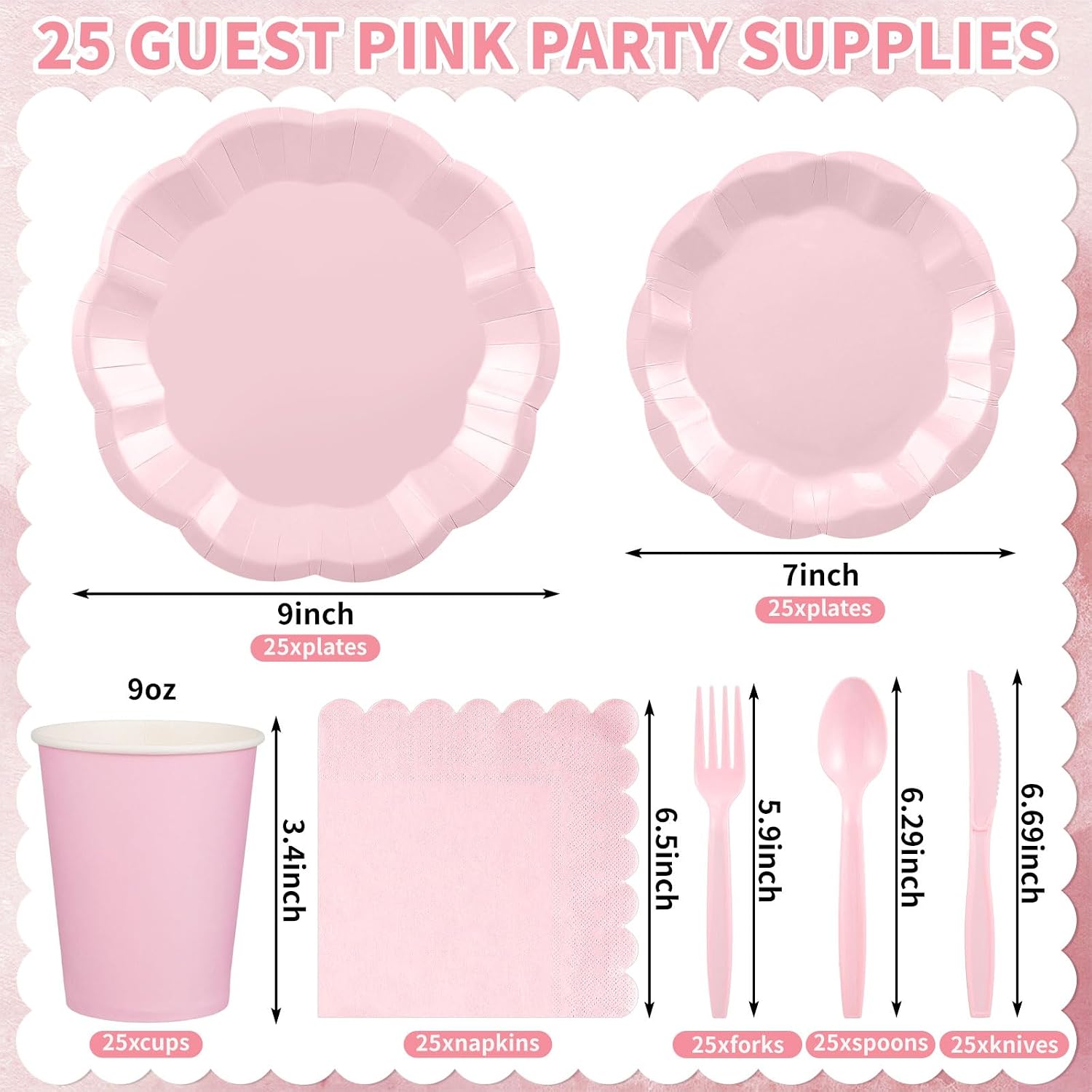 NatNarr 175 Pcs Pink Paper Plates and Napkins Set Include 9" Dinner Plates, 7" Dessert Plate Disposable Scalloped Tableware Serve 25 Guest for Wedding Baby Shower Bridal Shower Birthday - Image 2