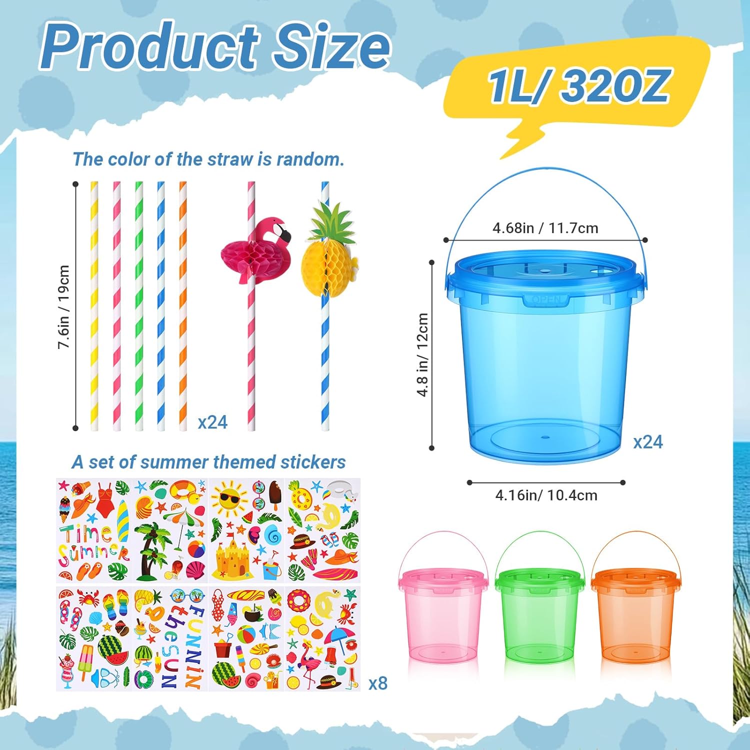 24 Pcs 32 oz Tropical Drink Buckets with Lids and Handles Summer Plastic Drink Bucket with Flamingo Pineapple Straw Reusable Rum Cocktail Bucket with Lids Punch Bowls for Luau Party Beach - Image 2