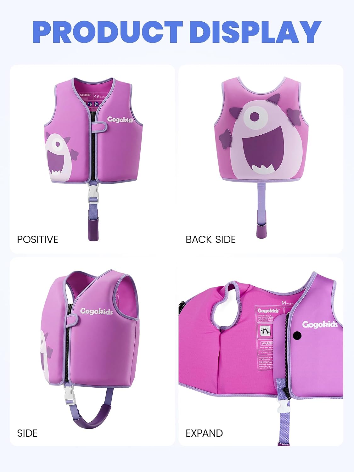 Gogokids Toddler Swim Vest Pool Floaties for Kids 1-2-3-5-6-9-12 Yrs, Neoprene Swimming Jacket w/Adjustable Strap & Zip, Kids Pool Float Jacket 30-50-70-90 Pounds for Boys Girls Youth Teens - Image 8