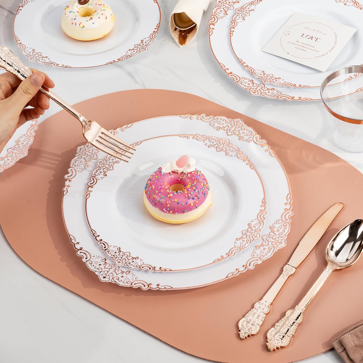 Bestluck 350PCS Rose Gold Plastic Plates for 50 Guests, Disposable Dinnerware Sets Include 100 Rose Gold Rim Plastic Plates, 50 Silverware and Cups, 50 Pre Rolled Napkins for Party, and Graduation - Image 6