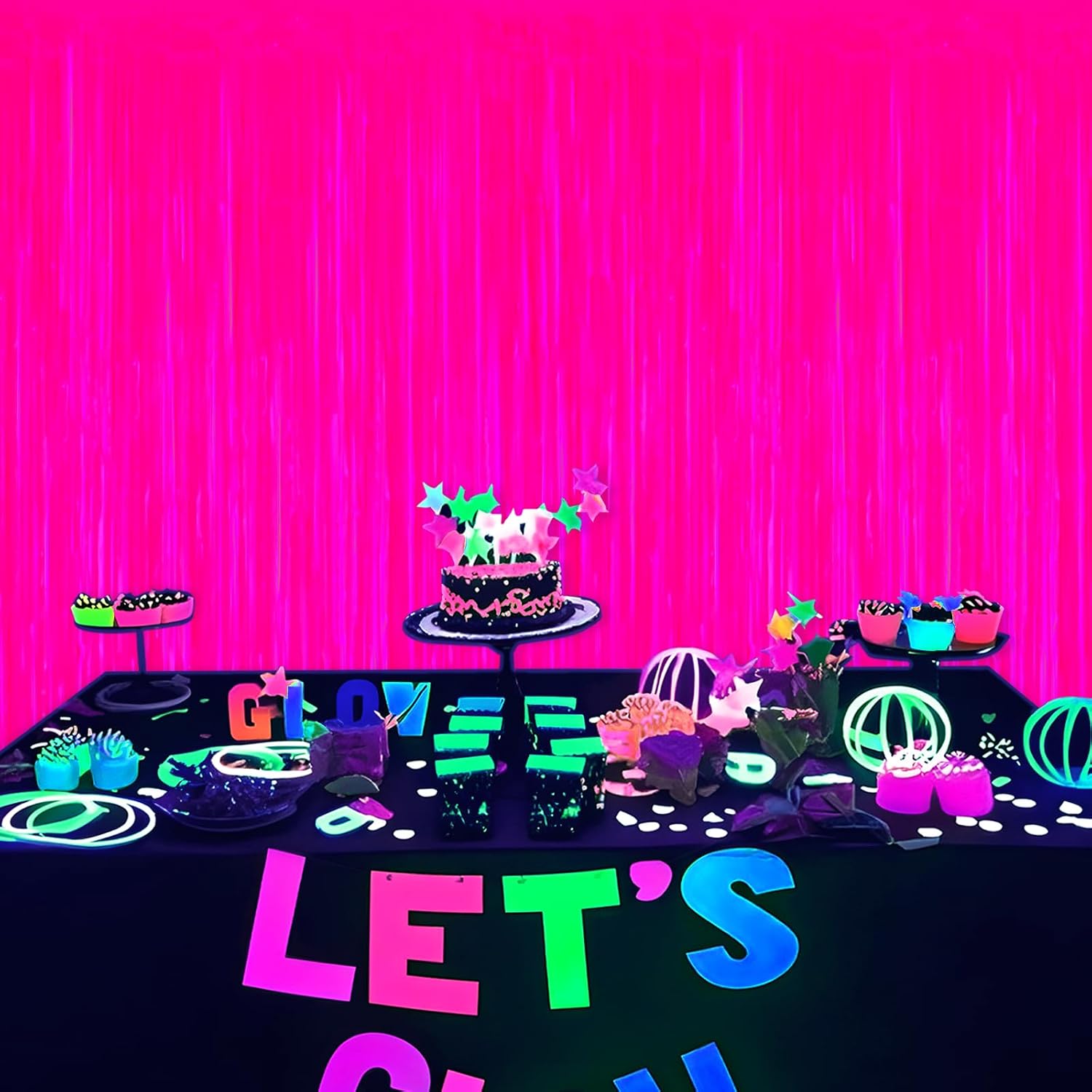 Mega-L Glow in The Dark Party Supplies, 2 Pack Neon Party Decorations 3.3 x 6.6 ft Fluorescent Macaron Fuchsia Tinsel Foil Fringe Curtains, Photo Booth Prop Backdrop Streamer, Birthday Party Decor - Image 6