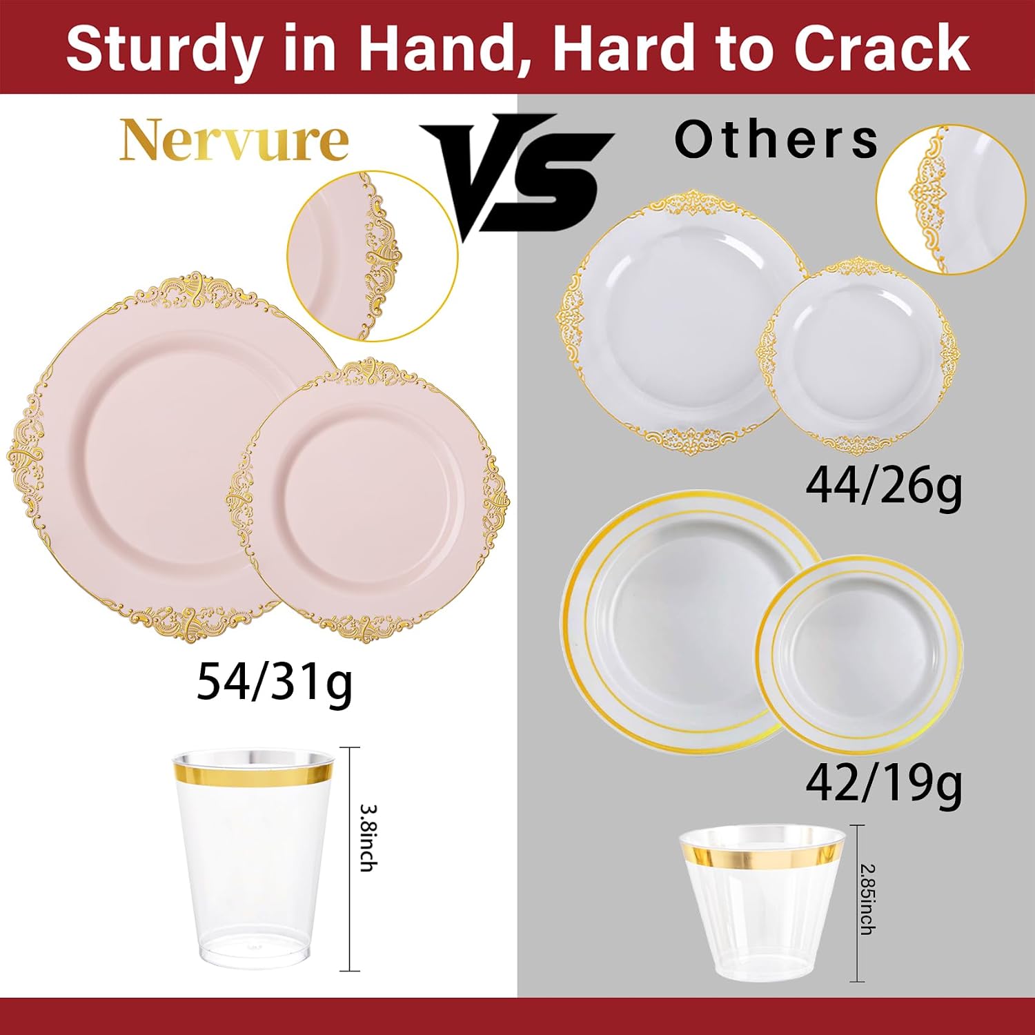 Nervure 350PCS Pink Plastic Plates - Pink Plastic Dinnerware Sets for 50 Guests - 100 Disposable Plates, 150 Gold Silverware, 50 Cups, 50 Napkins Perfect for Wedding & Party - Image 8