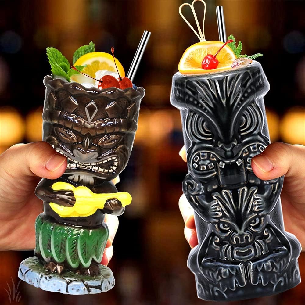 SuproBarware Tiki Glasses for Cocktails Mugs Set of 4 Ceramic Party Cups Bar Decor Creative Large Hawaiian Drinking Bar Decorations Vintage Tropical Drinkware Barware 4 Packs - Image 3