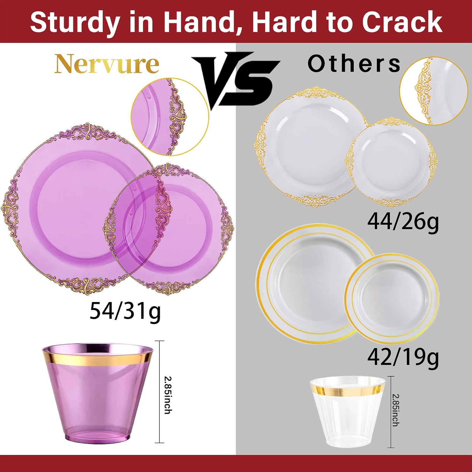 Nervure 175PCS Purple Plastic Plates - Disposable Purple Gold Party Plates & Pre Rolled Napkins with Cutlery for 25 Guests, 50Plates, 75Silverware, 25Cups, 25Napkin for Wedding & Party - Image 3