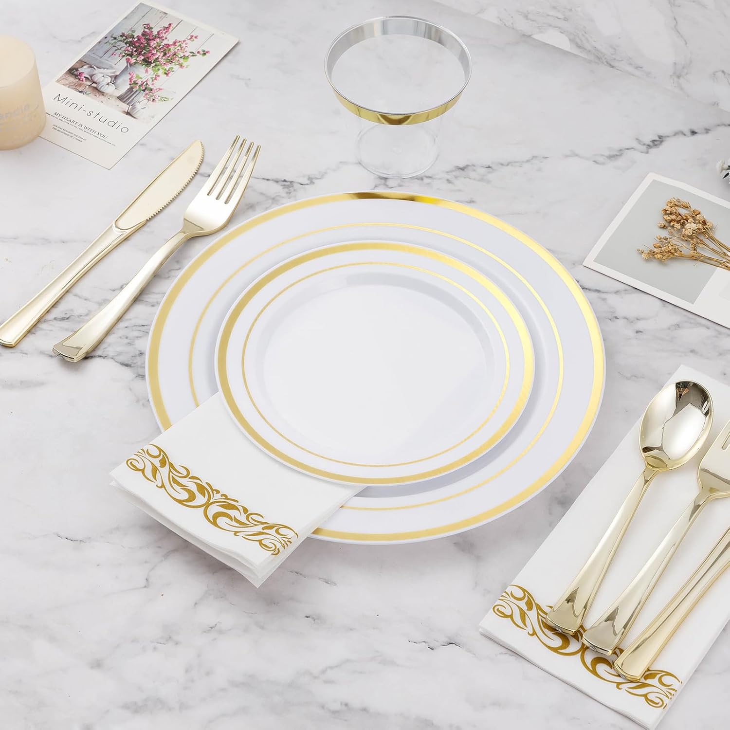 BESTVIP Gold Dinnerware Set for 100 Guests, Plastic Dinnerware Set for Party, Include: 100 Gold Dinner Plates, 100 White Bowls, 100 Dessert Plates, 100 Silverware Set, 100 Cups, 100 Paper Napkins - Image 4