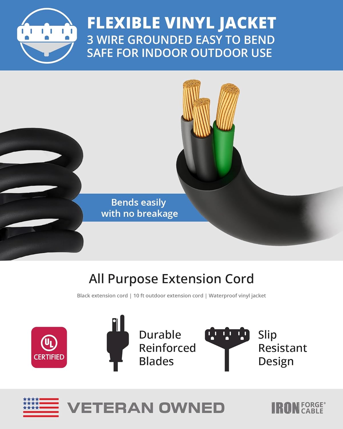 Iron Forge Cable 3 Outlet Outdoor Extension Cord 10 ft, 16/3 SJTW Black Extension Cord with Multiple Outlets 3 Prong, Weatherproof 13 Amp Exterior Power Cable for Outdoor Lights, Lawn & Landscaping - Image 6