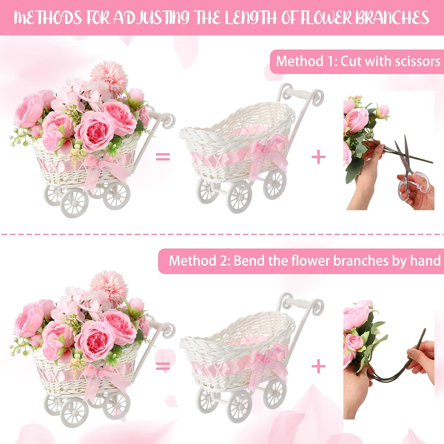 3 Pack Rattan Baby Carriage Floral Arrangement with Bouquet Pink Baby Shower Table Centerpiece Stroller for Guests Gender Reveal Wedding Party Favor Gift and Souvenir - Image 3