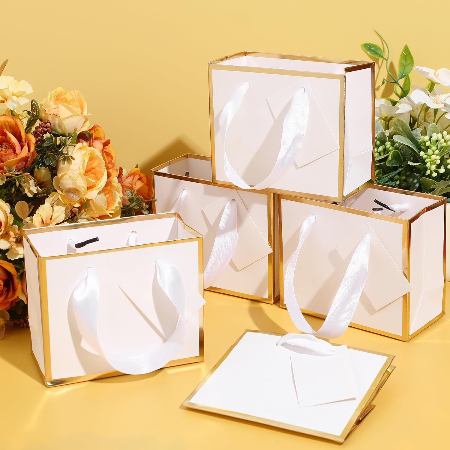 Yeaqee 50 Pcs Mini Metallic Paper Gift Bags with Handle 4.75x2.25x4'' Small Gift Bag DIY Tag Thank You Party Favor for Summer Wedding Baby Shower Birthday Back to School Jewelry (White,Gold) - Image 7