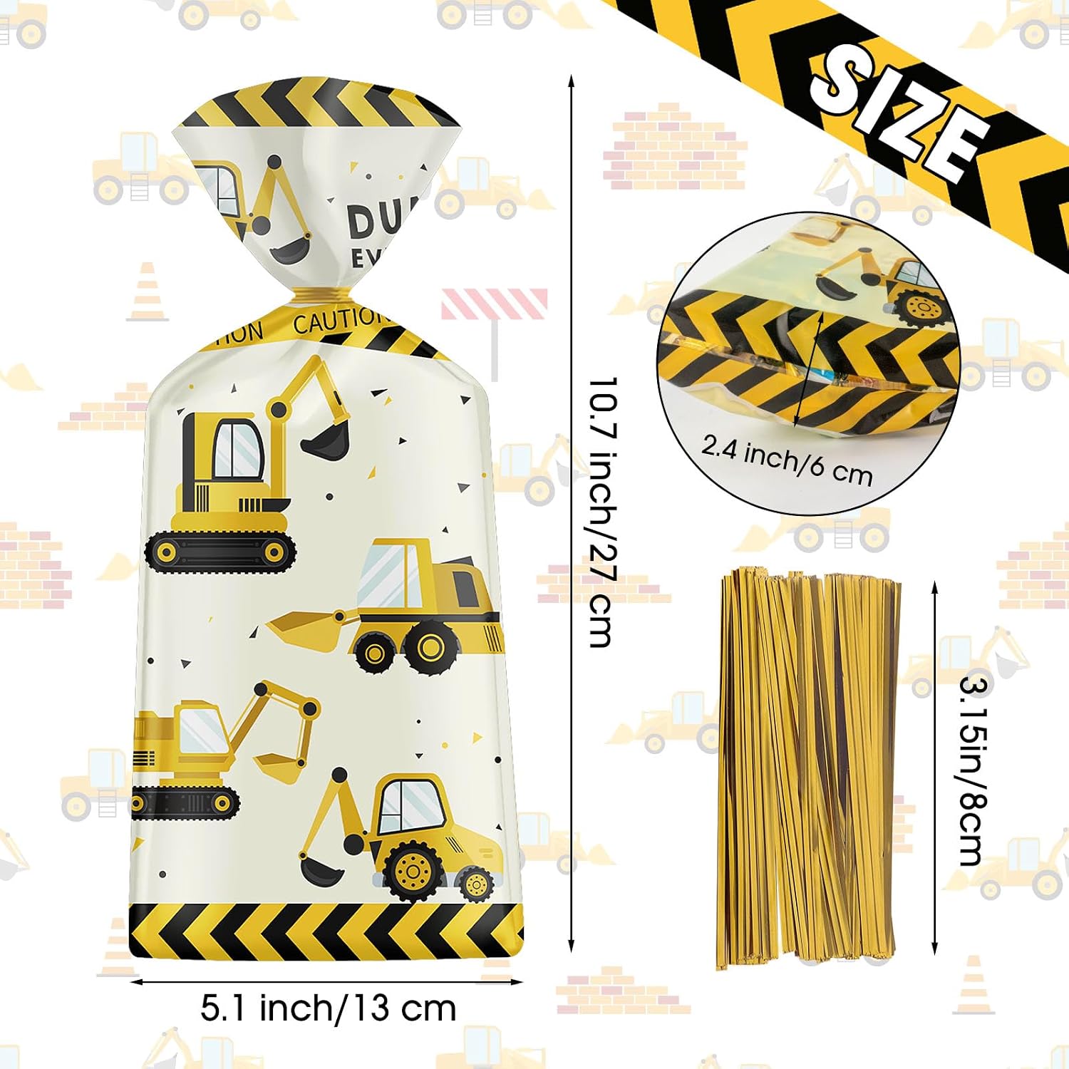 50 Pack Construction Party Favor Bags - Construction Theme Treat Bags, Truck Themed Cello Cellophane Gift Candy Goodie Bag with Gold Twist Ties for Kids Construction Birthday Party Supplies Favors - Image 4