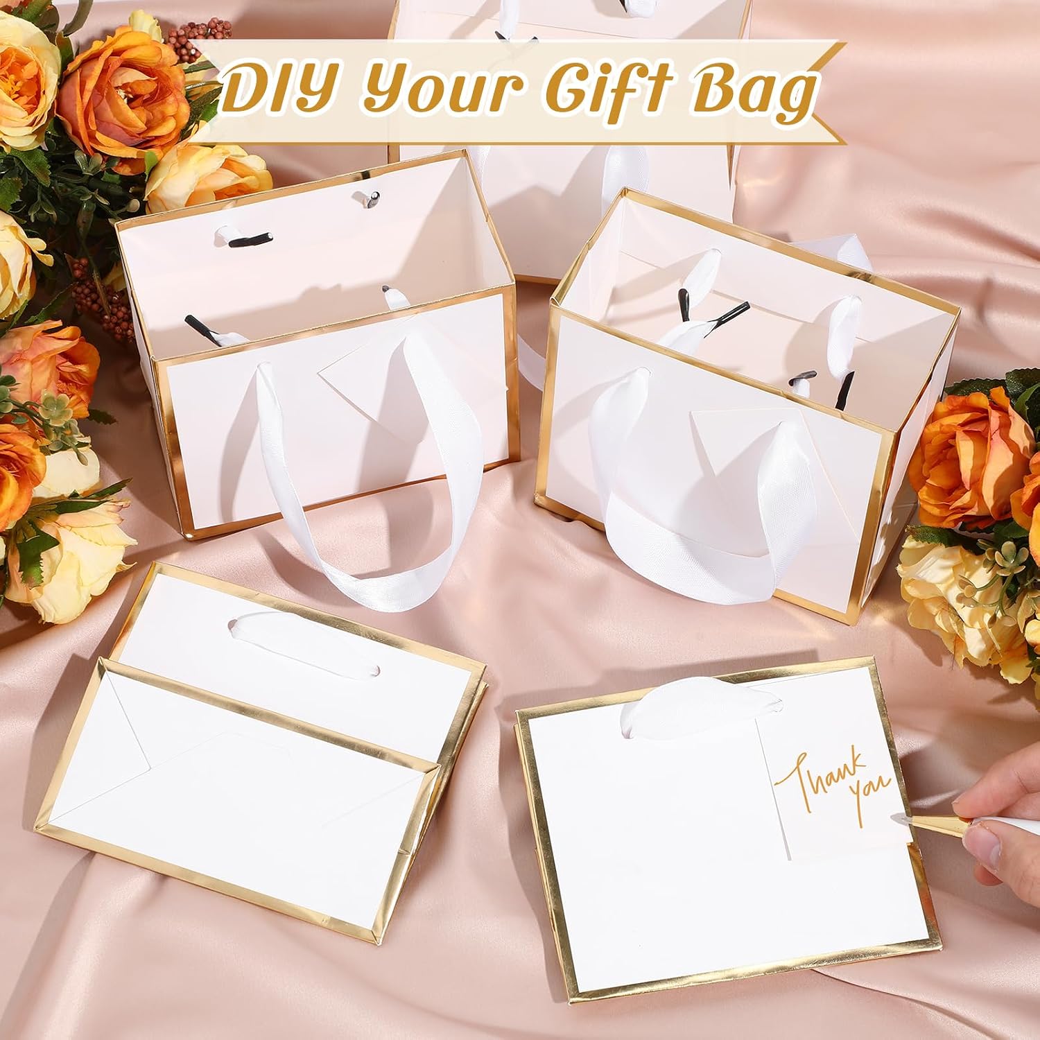 Yeaqee 50 Pcs Mini Metallic Paper Gift Bags with Handle 4.75x2.25x4'' Small Gift Bag DIY Tag Thank You Party Favor for Summer Wedding Baby Shower Birthday Back to School Jewelry (White,Gold) - Image 4
