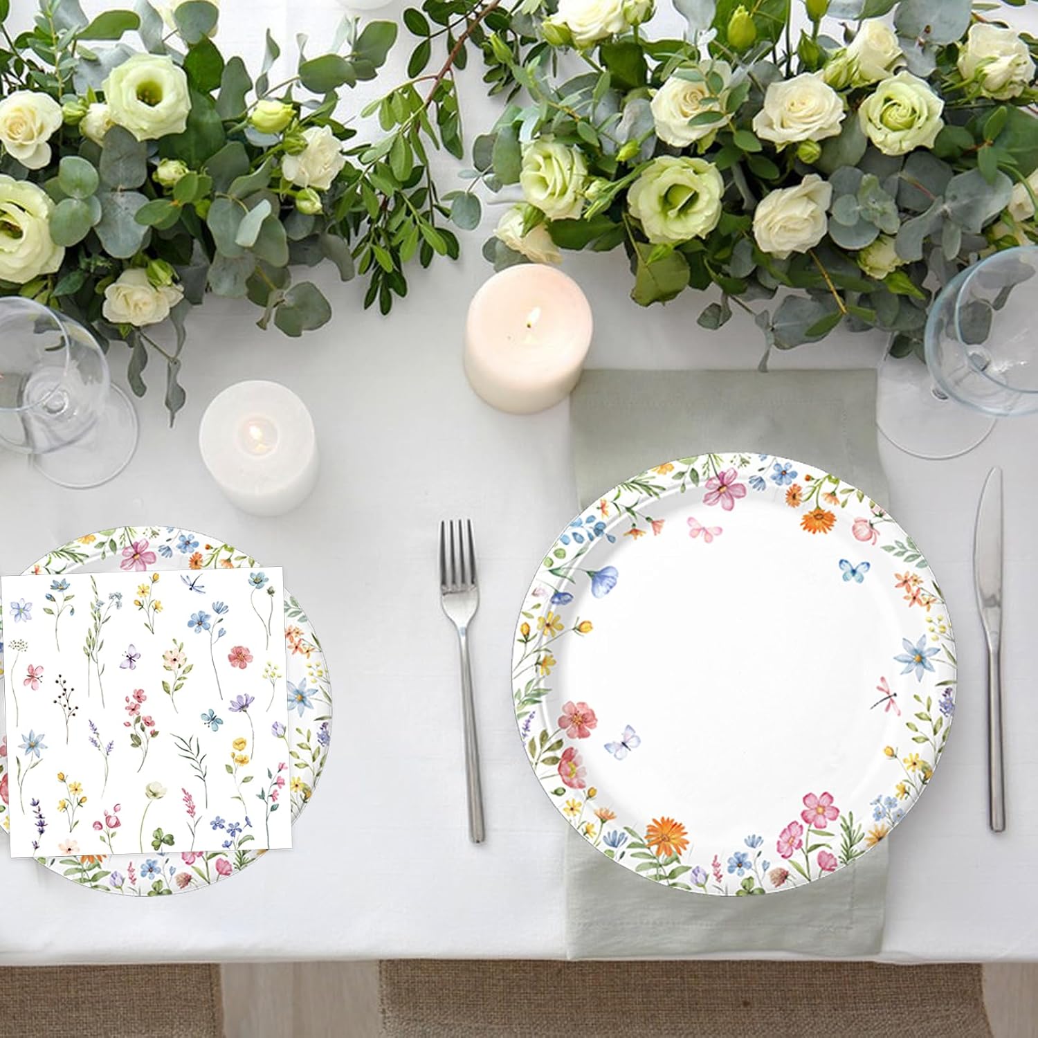 LINHAXM 175 PCS Spring Wildflower Party Decorations include Plates, Cups, Napkins, Cutlery, Cake Toppers, Banner, Tablecloth, Balloons for Floral Baby Shower Birthday Decorations, Serves 20 - Image 3