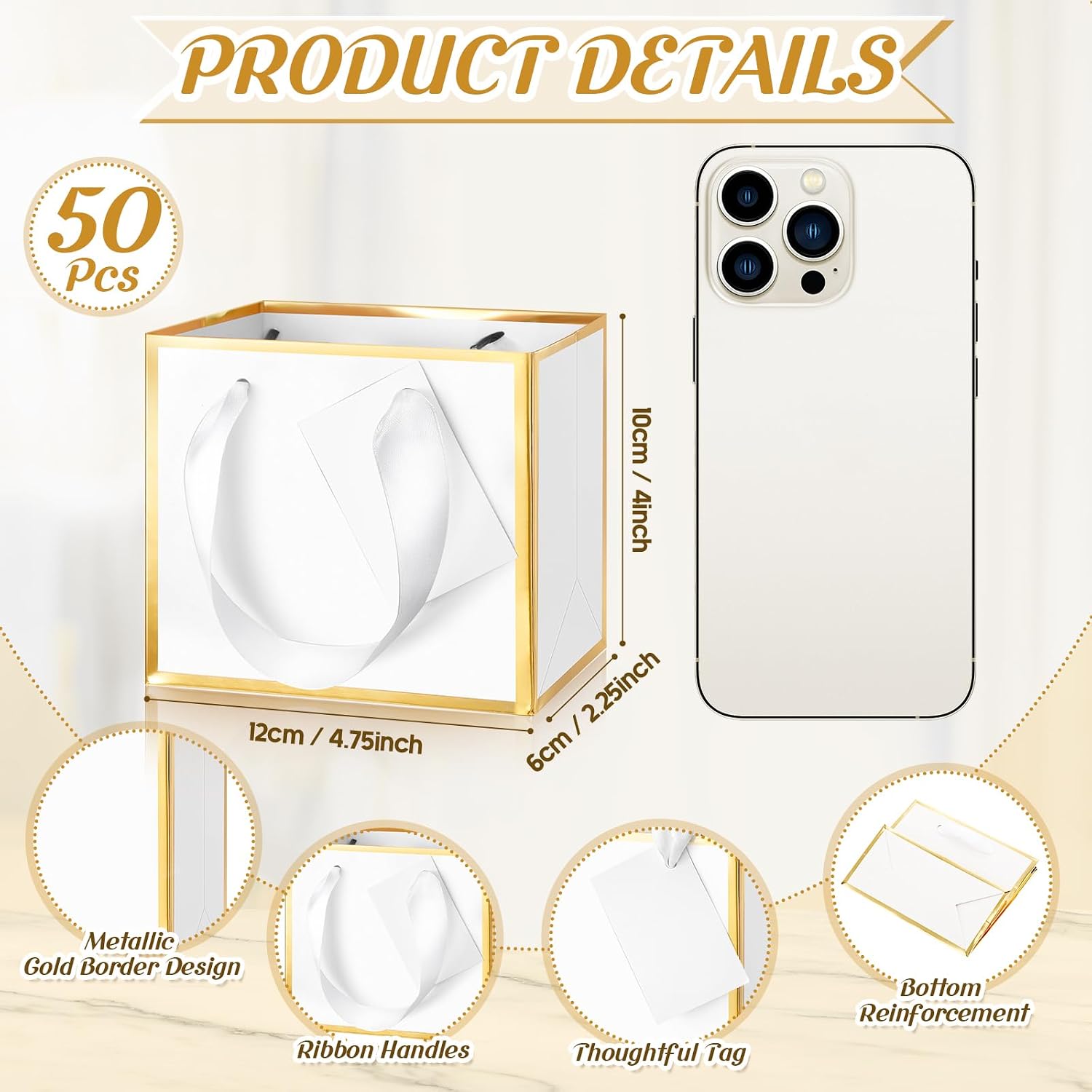 Yeaqee 50 Pcs Mini Metallic Paper Gift Bags with Handle 4.75x2.25x4'' Small Gift Bag DIY Tag Thank You Party Favor for Summer Wedding Baby Shower Birthday Back to School Jewelry (White,Gold) - Image 2