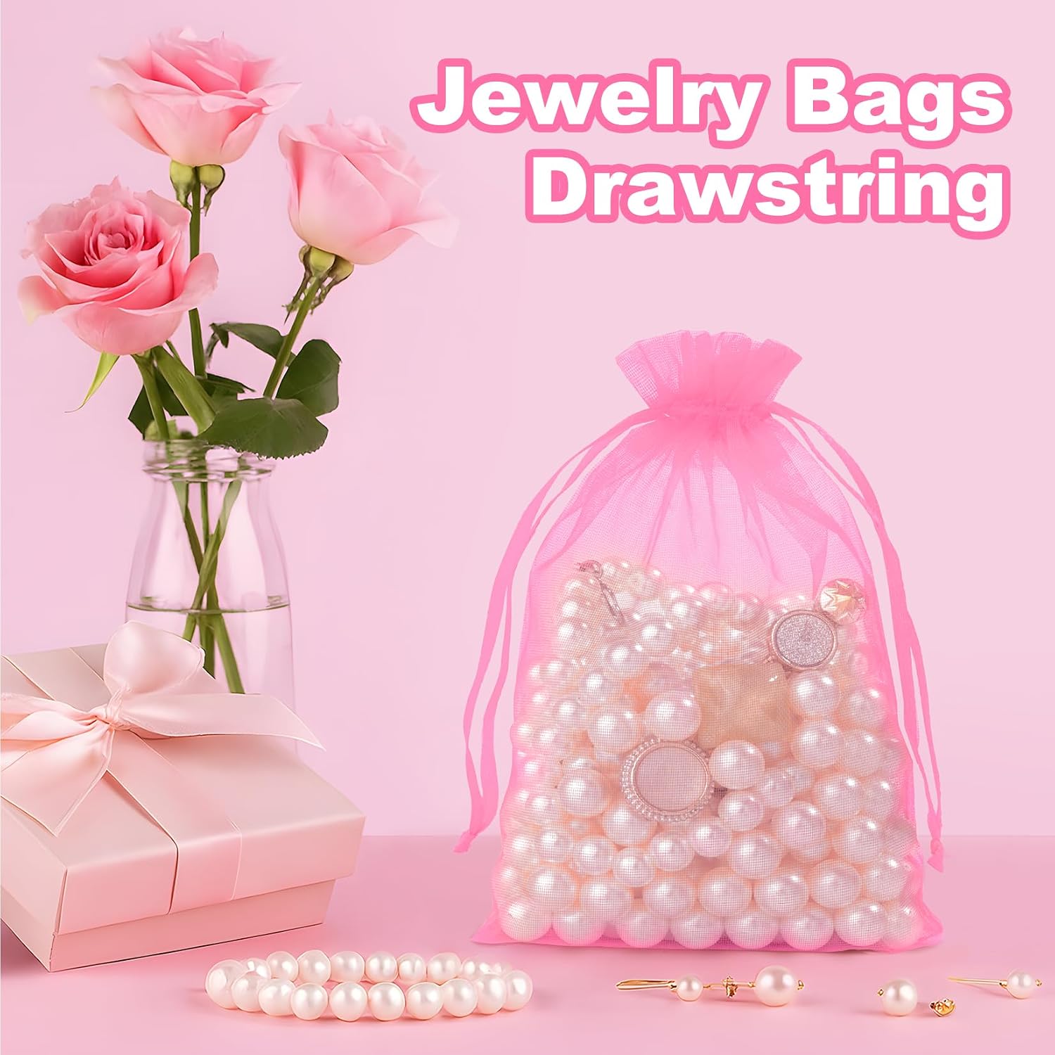 Crweety 50 Pcs Pink Organza Bags 3x4 In, Small Gift Bags Bulk for Jewelry Candy Soap Makeup Sachet, Cute Mini Mesh Goodie Bag Drawstring for Wedding Baby Shower Party Favors & Graduation Gifts - Image 3