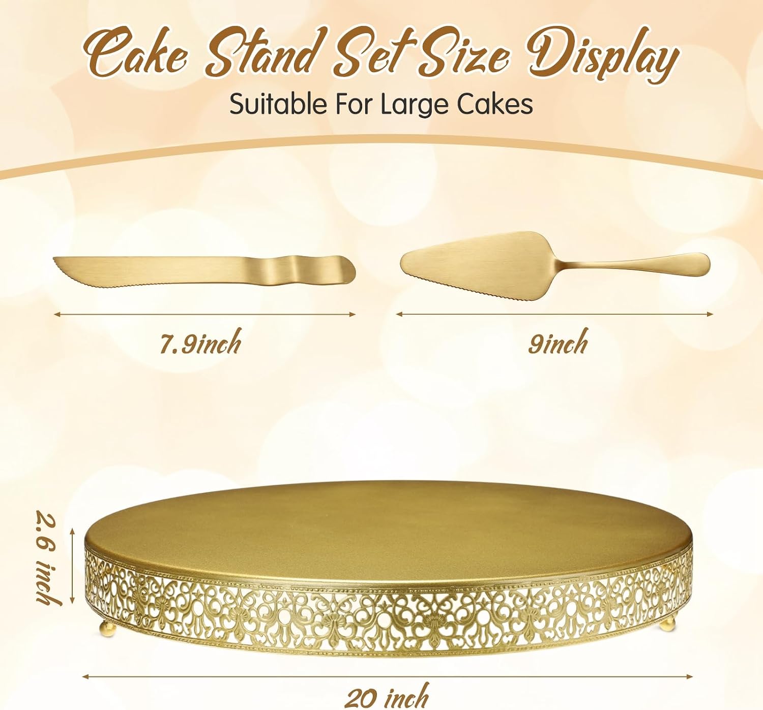 Wenqik 20 Inch Gold Cake Stand Set Metal Round Cupcake Dessert Stand with Cake Cutting, Spatula Wedding Cupcake Pastry Display Candy Holder Display for Wedding Party Birthday Baby Shower(Classic) - Image 2
