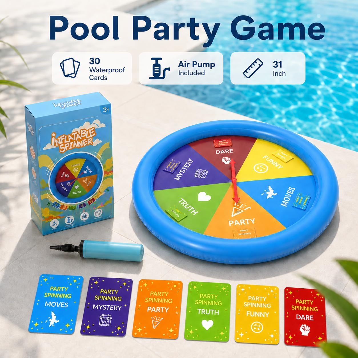 Inflatable Pool Party Game Table with Waterproof Silly Challenge Cards & Spinner, Floating Pool Game Toys for Teens Adults Family, Summer Pool Accessories for Backyard Beach Party - Image 2