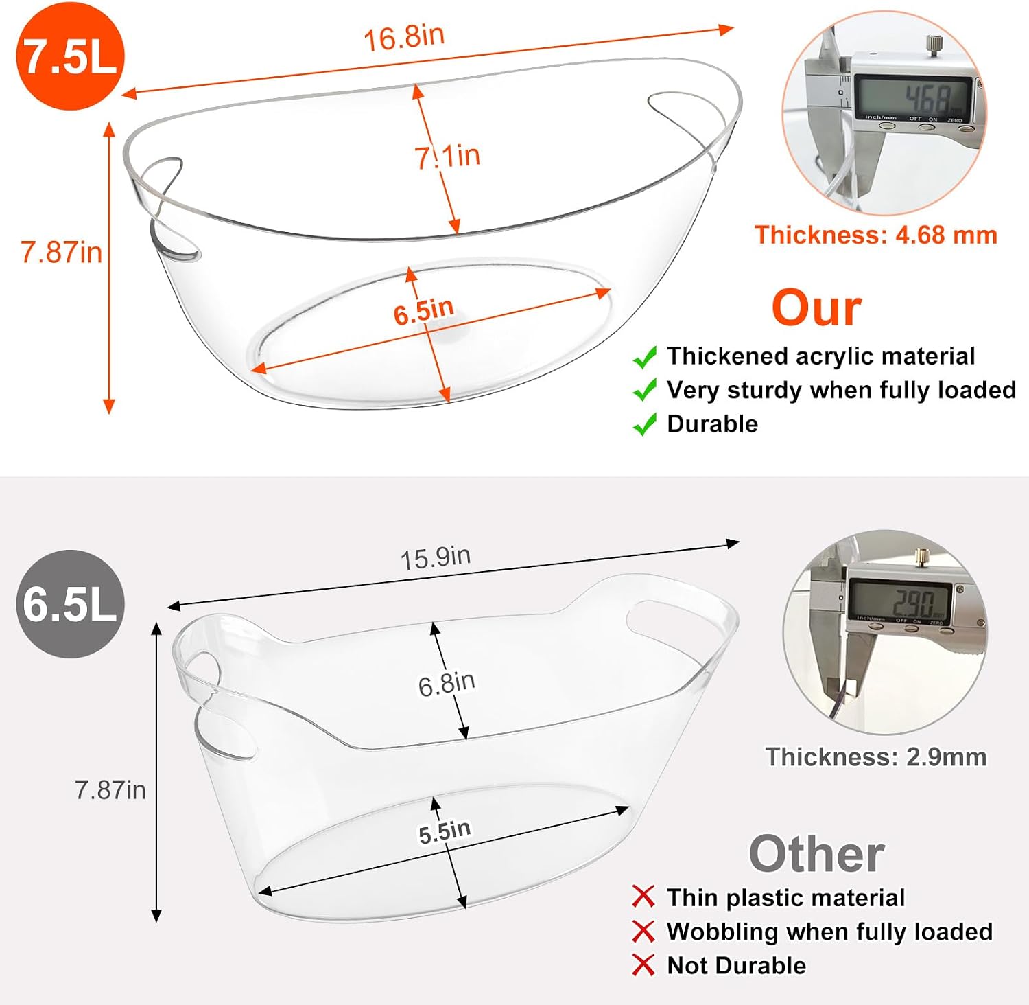 2-Pack Ice Buckets for Parties, 7.5L Clear Acrylic Beverage Tub | Ice Bucket with 2 Scoops,Large Champagne Bucket and Drink Bucket for Wine,Beer,Cocktails and Mimosa Bar Supplies - Image 6