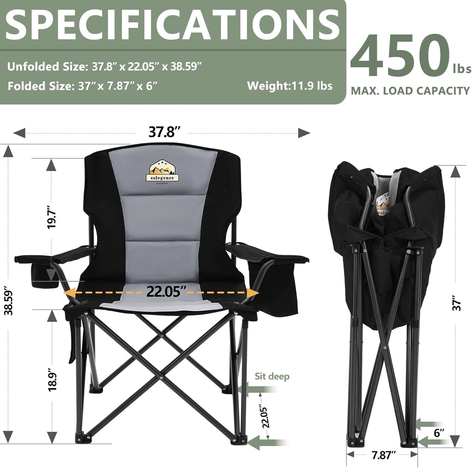 Colegence Oversized Heavy Duty Camping Chairs 2 Pack, 450 LBS Support Extra Wide Folding Portable Outdoor Chair with Cooler Bag, Cup Holder & Armrests for Camping, Beach, Tailgating, Sports, Black - Image 3
