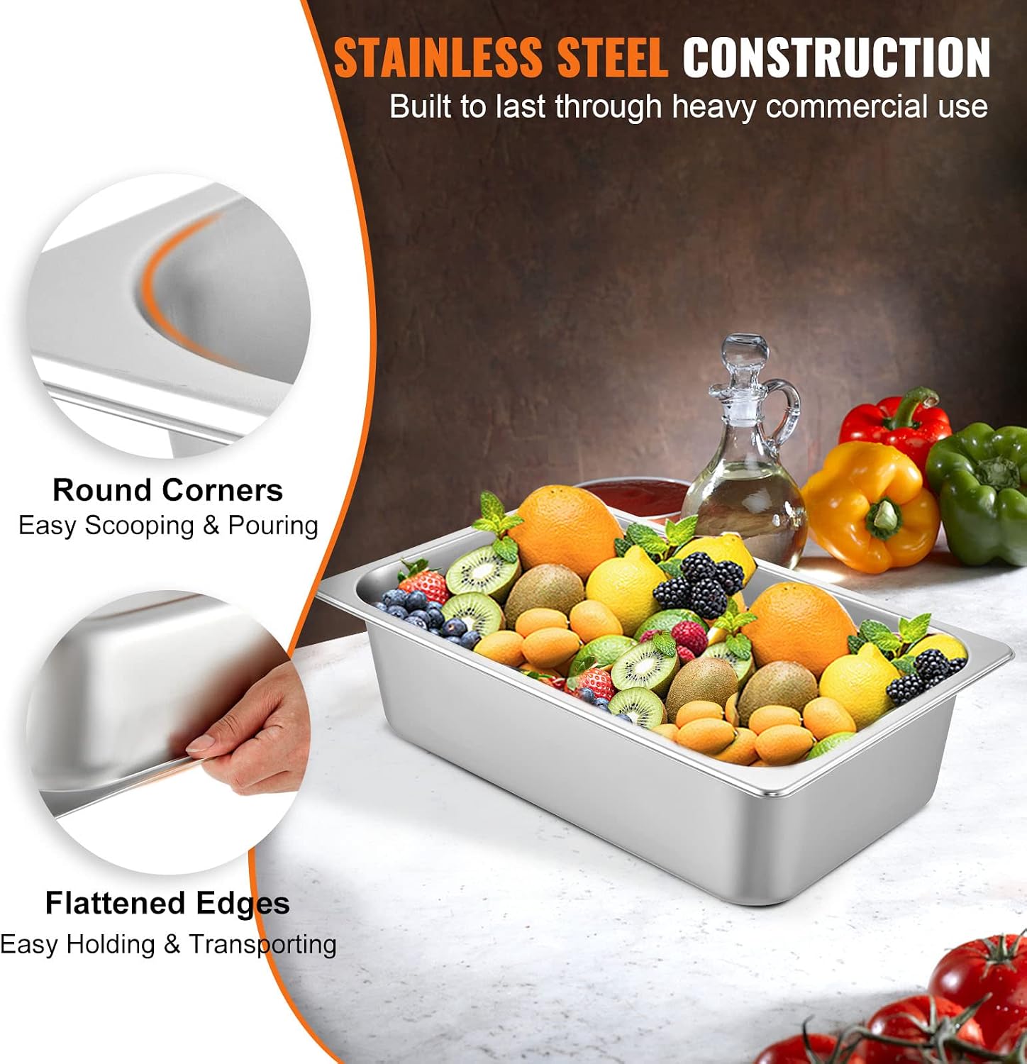 VEVOR 6 Pack Hotel Pans, Full Size 6-Inch, Stainless Steel Steam Table Pans,Anti-Jam Catering Trays for Steam Tables, for Home, Party, Restaurant, Hotel, Buffet - Image 3