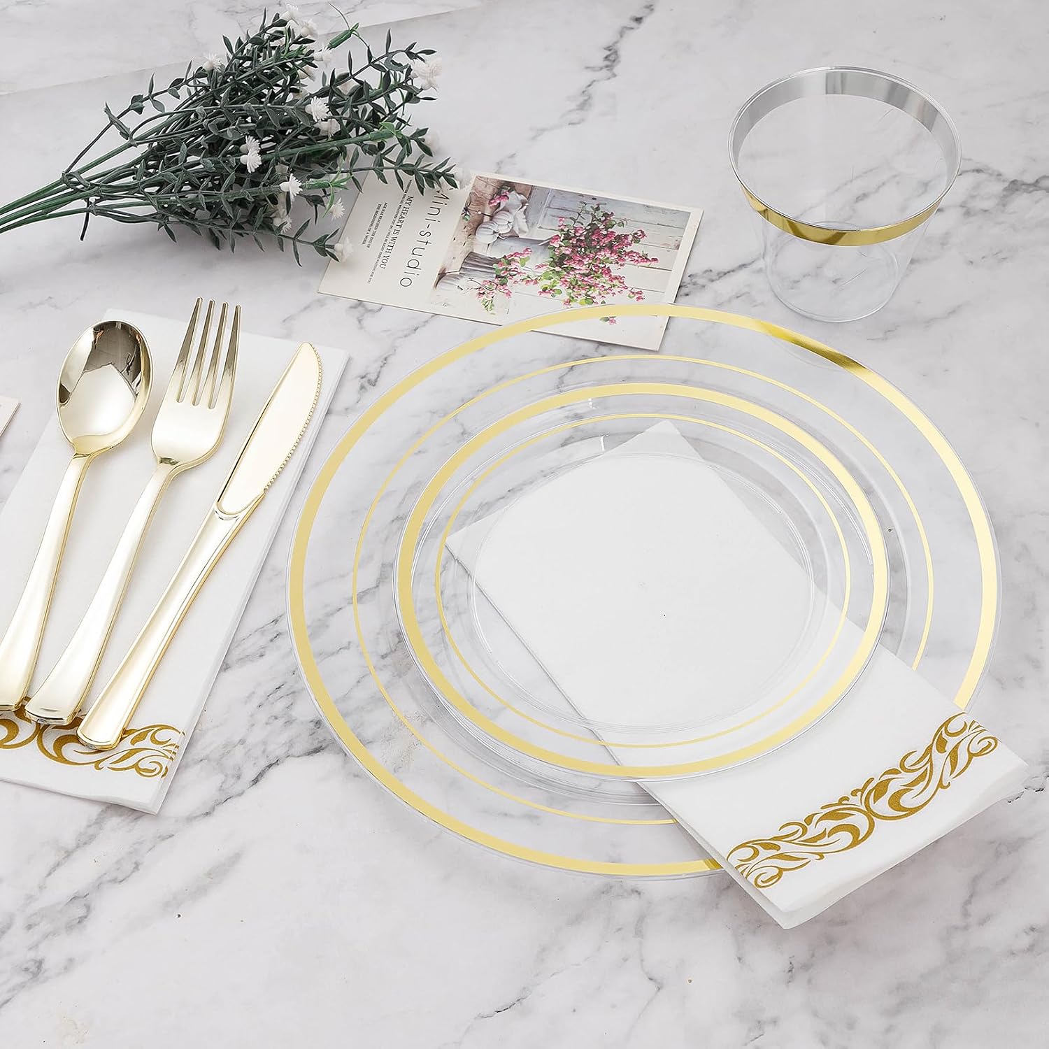 BESTVIP 700PCS Clear Gold Disposable Dinnerware Set for 100 Guests, Plastic Plates for Party, Wedding, Christmas, Include: 200 Plastic Plates, 100 Gold Silverware, 100 Cups, 100 Napkins - Image 2