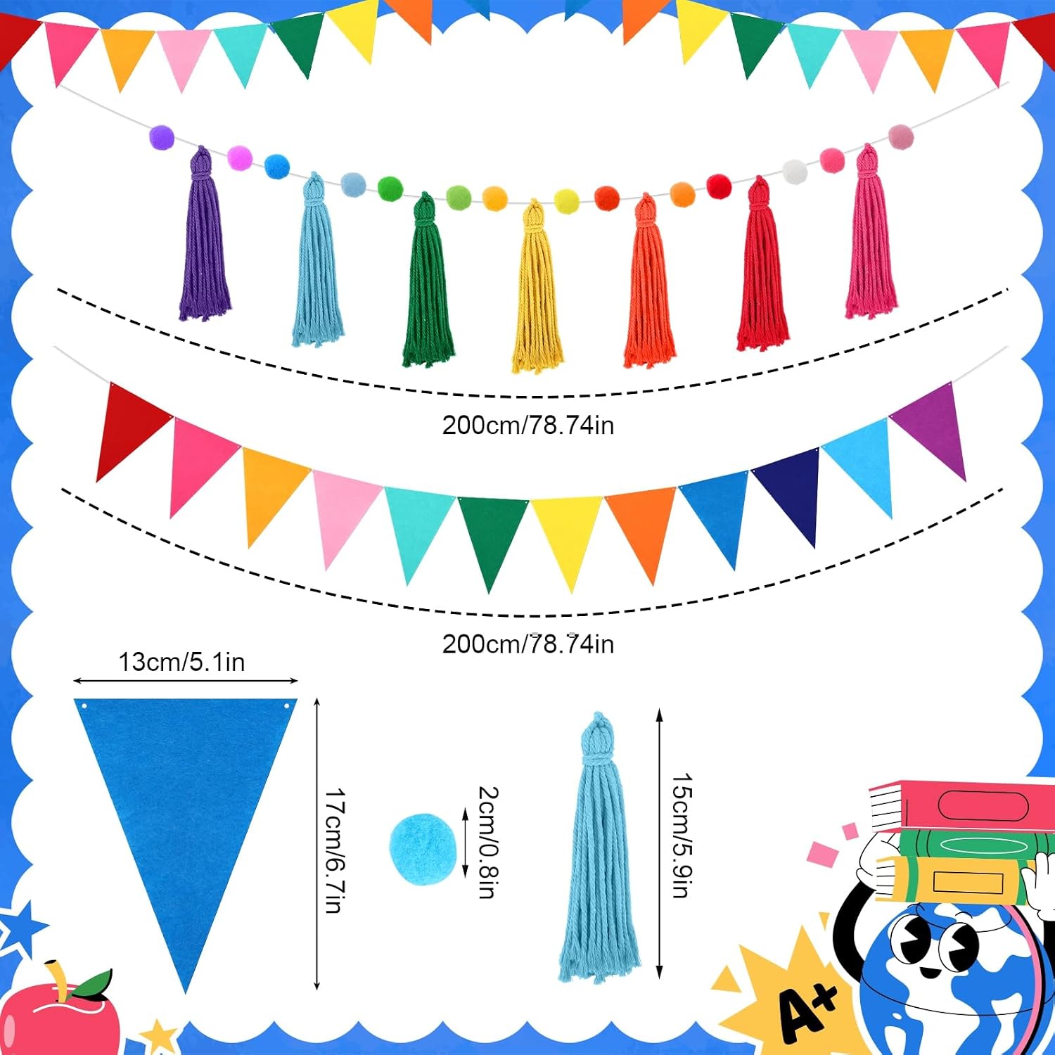 Jansun 4 Pack 26.3 Feet Rainbow Tassel Pom Pom Garland Decorations Felt Bunting Garland Banner Hanging Supplies for Back to School Decor Nursery Wall School Classroom Christmas Tree Birthday Party - Image 2