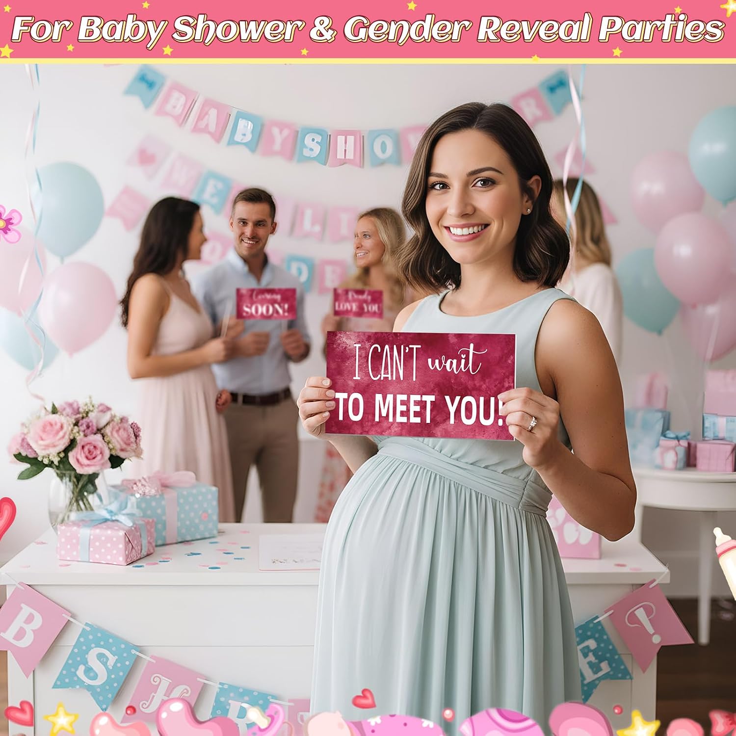 12 Pcs Baby Shower Photo Booth Props PVC Burgundy Baby Shower Photo Booth Sign Kit Decorations, Waterproof Multi Color Double Sided Printing 11.05x5.51'' DIY Selfie Photoshoot Party Supplies - Image 5