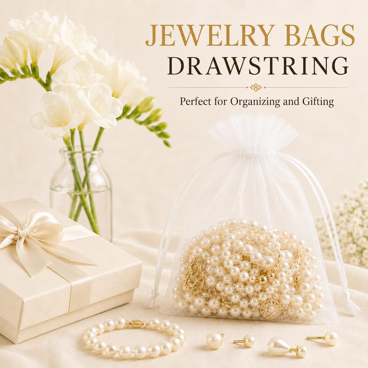 ANZNKU 50 Pack Organza Bags 5 x 7 in White Small Mesh Gift Bags Bulk Drawstring for Wedding Party Favors, Little Goodie Bag for Candy Jewelry Soap Makeup, Treat Sachet Pouch for Baby Shower Graduation - Image 6