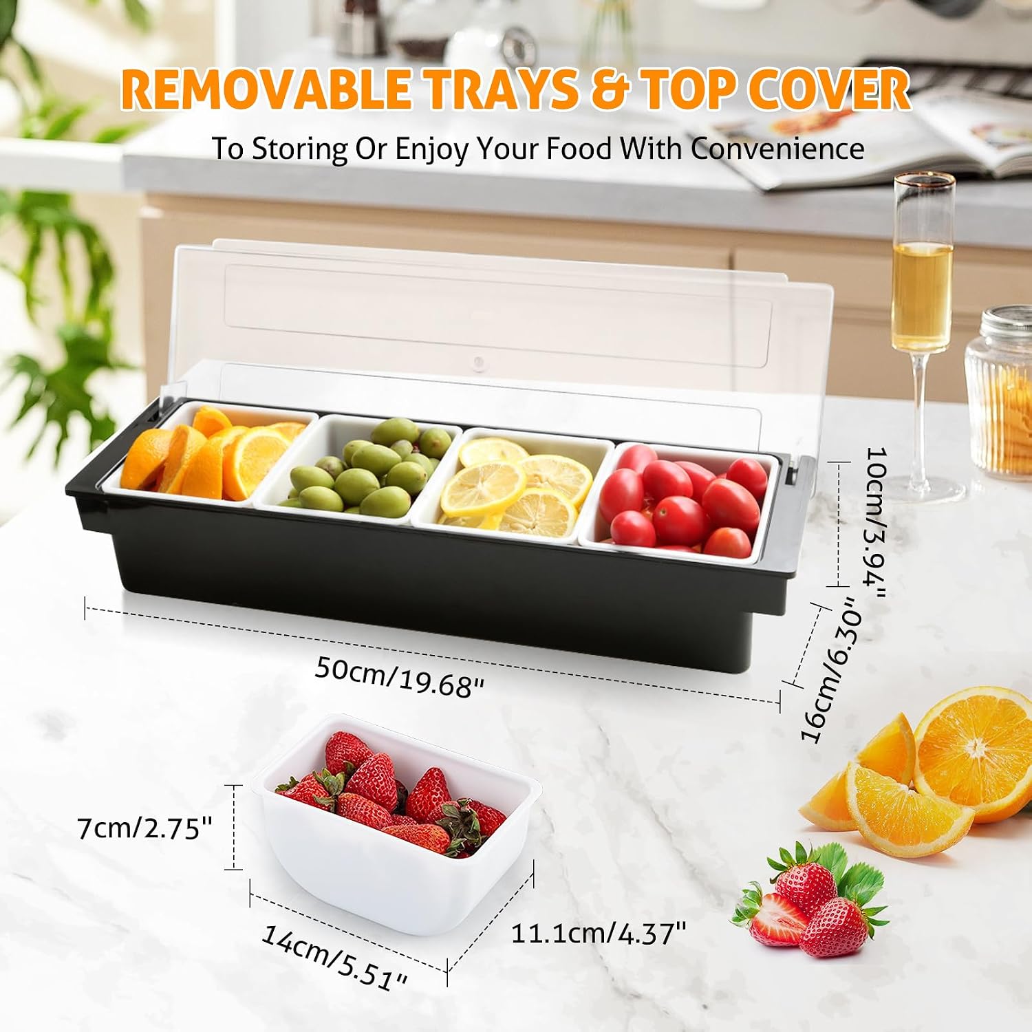 WICHEMI Condiment Container with Lid Ice Chilled Condiment Server with Ice Tray Fruit, Veggie & Condiment Caddy Plastic Garnish Station for Bartending Serving Taco, Salad Bar Container (4 Compartment) - Image 2