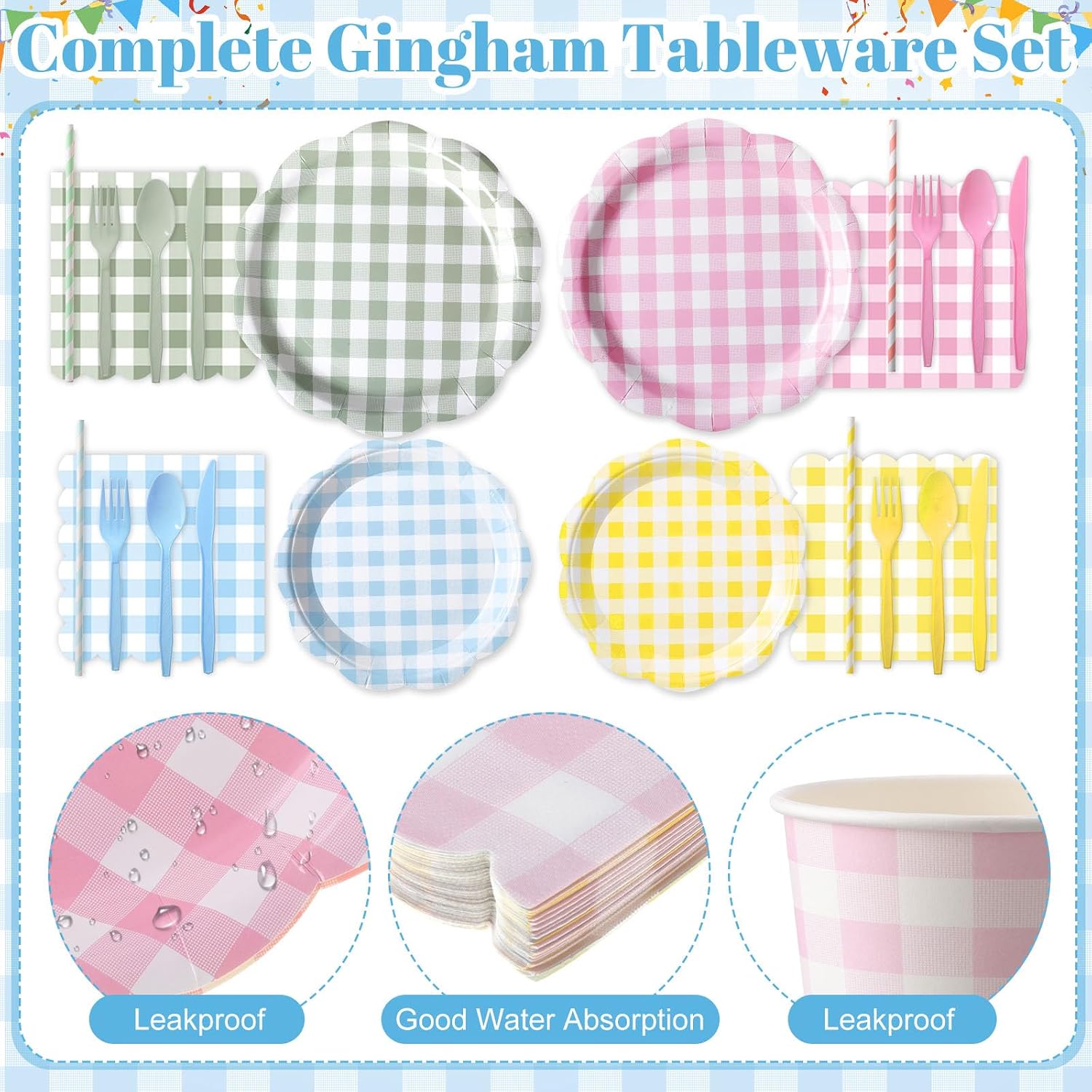 450 Pcs Gingham Tableware Set Decorations Pastel Plaid Paper Plates Napkins Cups Cutlery Straws Checkered Dinnerware Set for Baby Shower BBQ Picnic Birthday Party Supplies, Serves 50 - Image 3