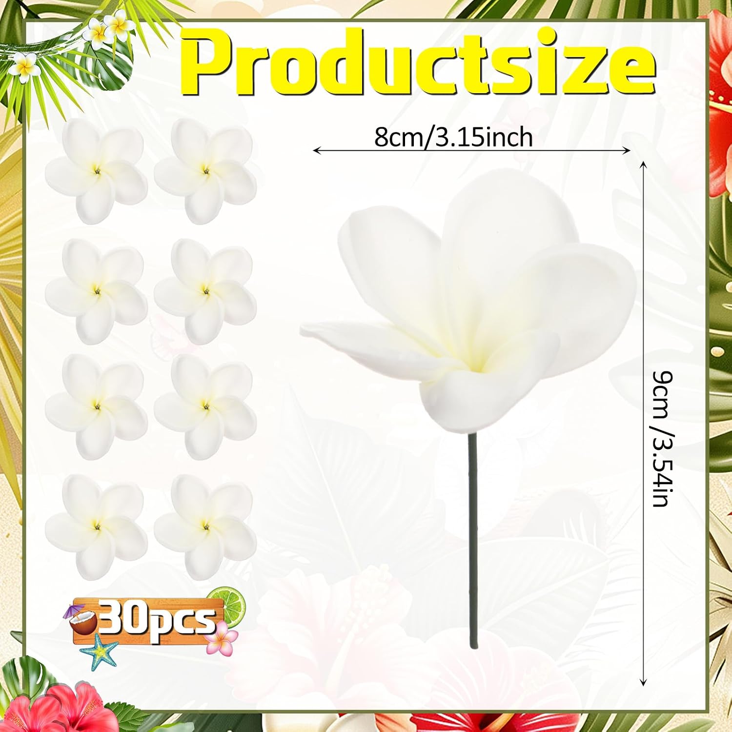 Tigeen 30 Pcs Hawaiian Plumeria Frangipani PU Artificial Flowers Tropical Flowers with Stems for DIY Real to Touch Birthday Gifts Wedding Home Hawaiian Party Decor Table Centerpiece (White) - Image 2