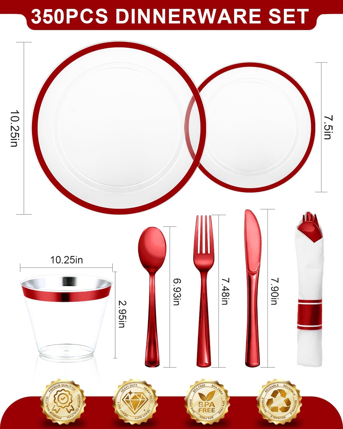 BESTVIP 350PCS Disposable Clear Red Dinnerware Sets for 50 Guests, Plastic Plates for Party, 100 Plastic Plates, 50 Cups, 50 Pre-Rolled Napkins with Cutlery for Parties, Christmas, Wedding - Image 3