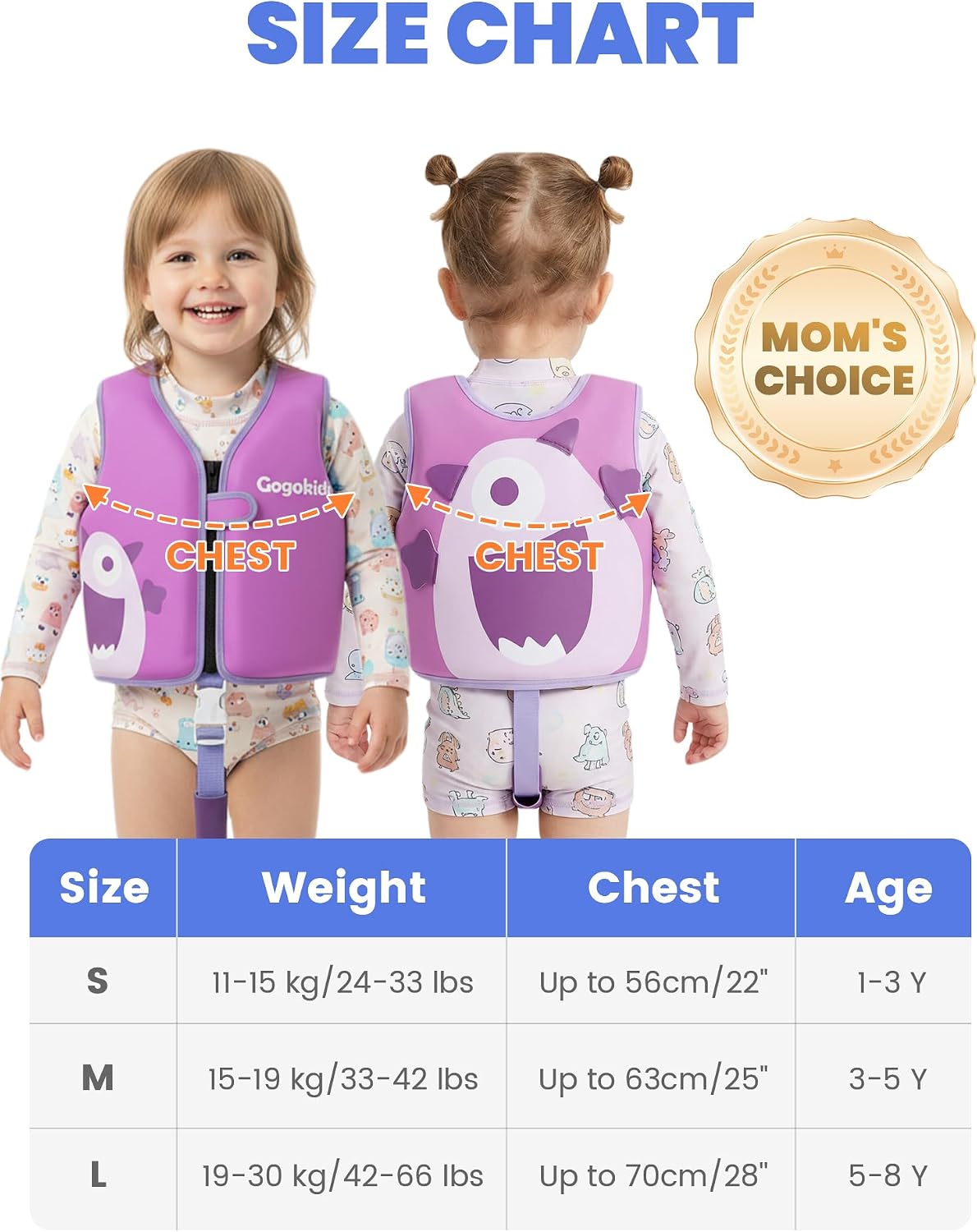 Gogokids Toddler Swim Vest Pool Floaties for Kids 1-2-3-5-6-9-12 Yrs, Neoprene Swimming Jacket w/Adjustable Strap & Zip, Kids Pool Float Jacket 30-50-70-90 Pounds for Boys Girls Youth Teens - Image 7