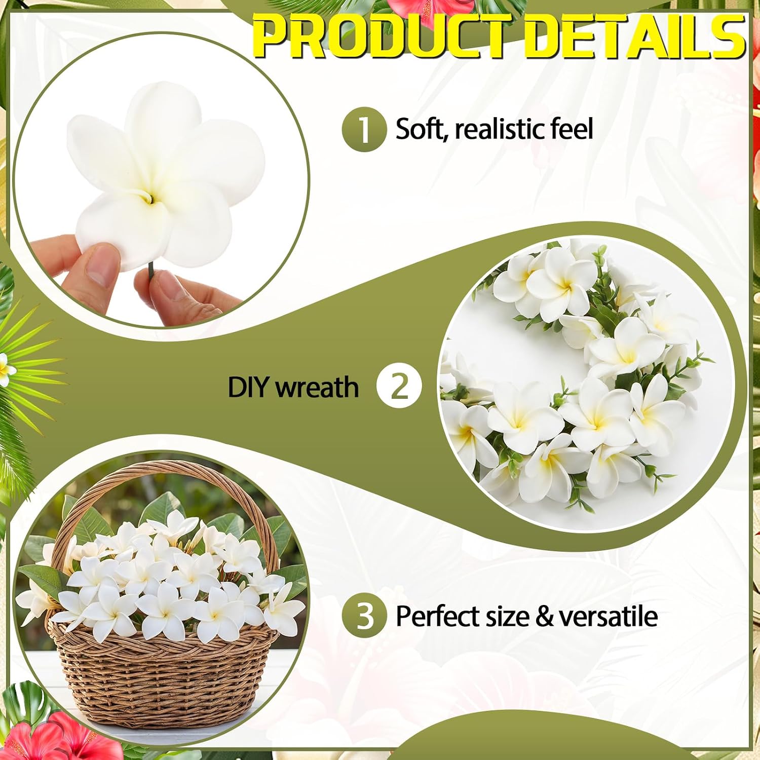 Tigeen 30 Pcs Hawaiian Plumeria Frangipani PU Artificial Flowers Tropical Flowers with Stems for DIY Real to Touch Birthday Gifts Wedding Home Hawaiian Party Decor Table Centerpiece (White) - Image 3