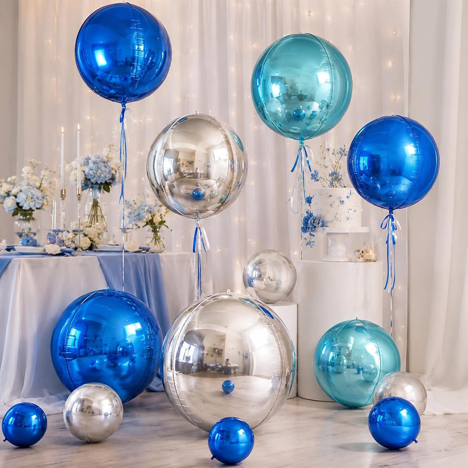 15 Pcs Blue and Silver Round Foil Balloons, 22/15/10 Inch 4D Ball Balloons Blue Silver Ball Balloon for Birthday Wedding Anniversary Baby Shower Party Graduation Decorations - Image 7